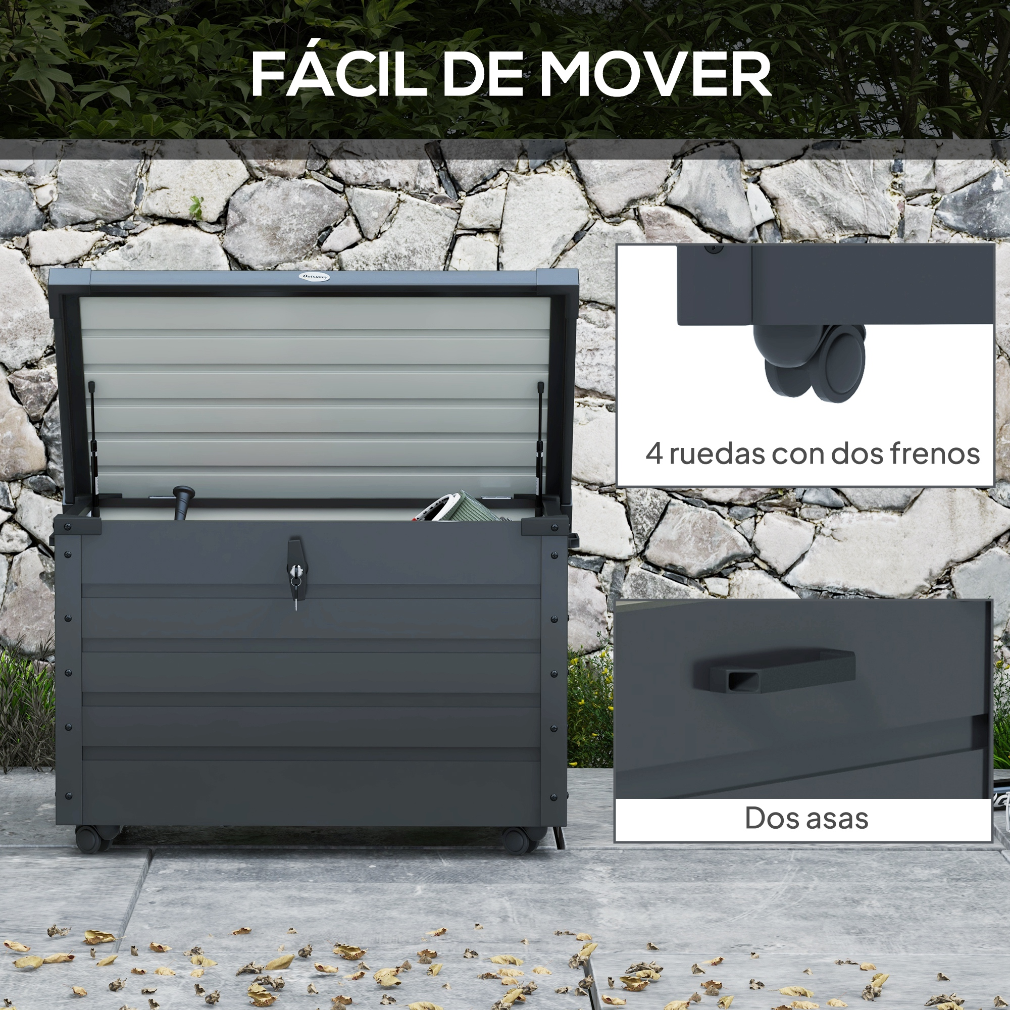 Caja de almacenamiento gris oscuro con tapa abierta, ruedas y asas.