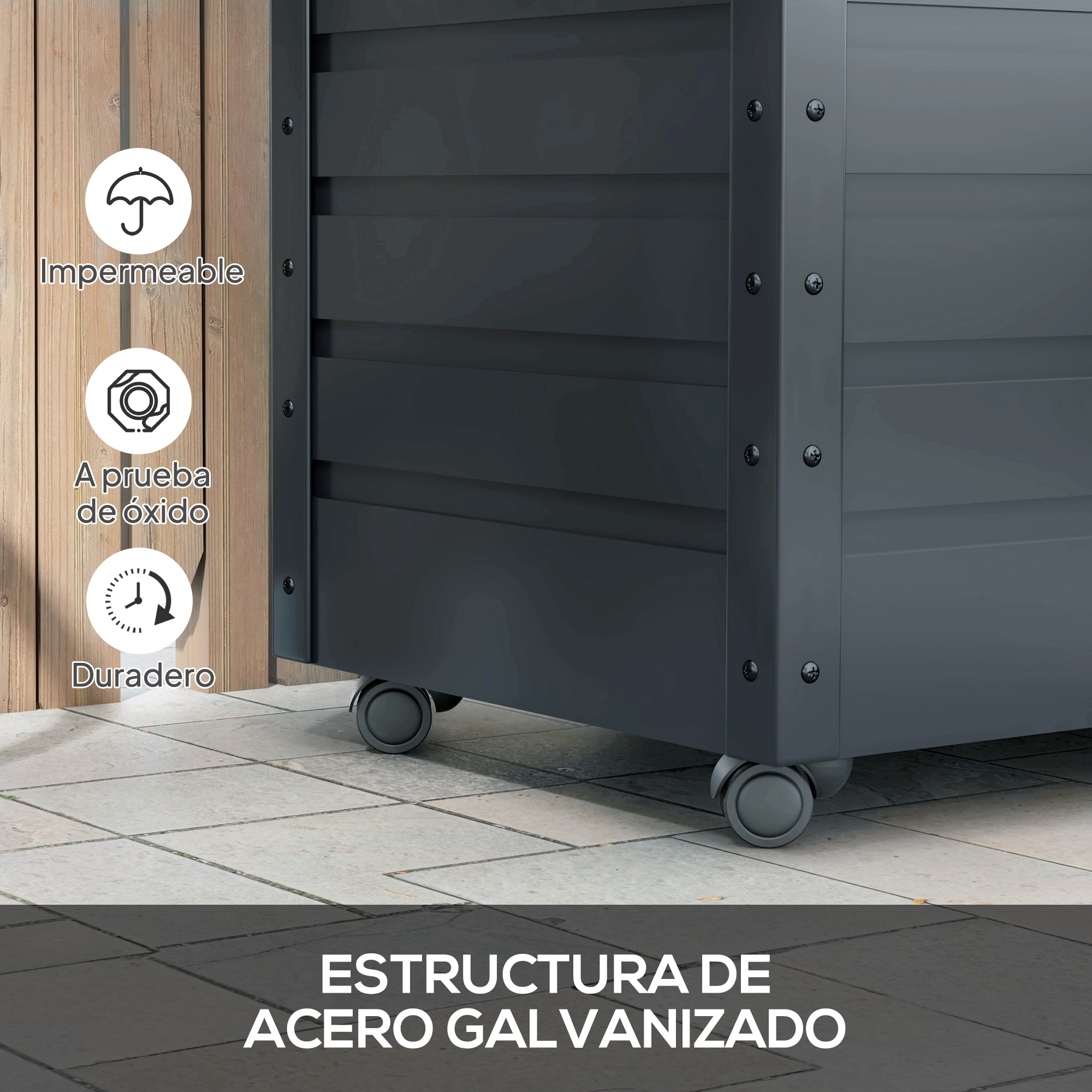 Estructura de acero gris con ruedas e iconos de impermeable, antioxidante, duradero.
