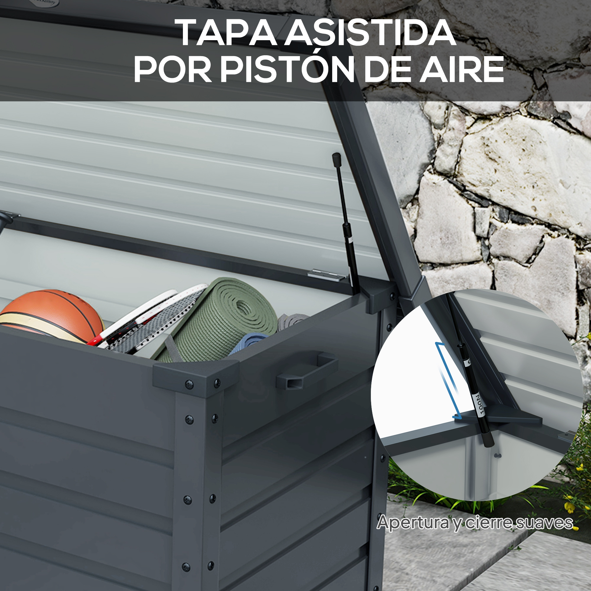 Cofre gris con tapa abierta, contiene baloncesto, esterilla de yoga. Detalle resorte.