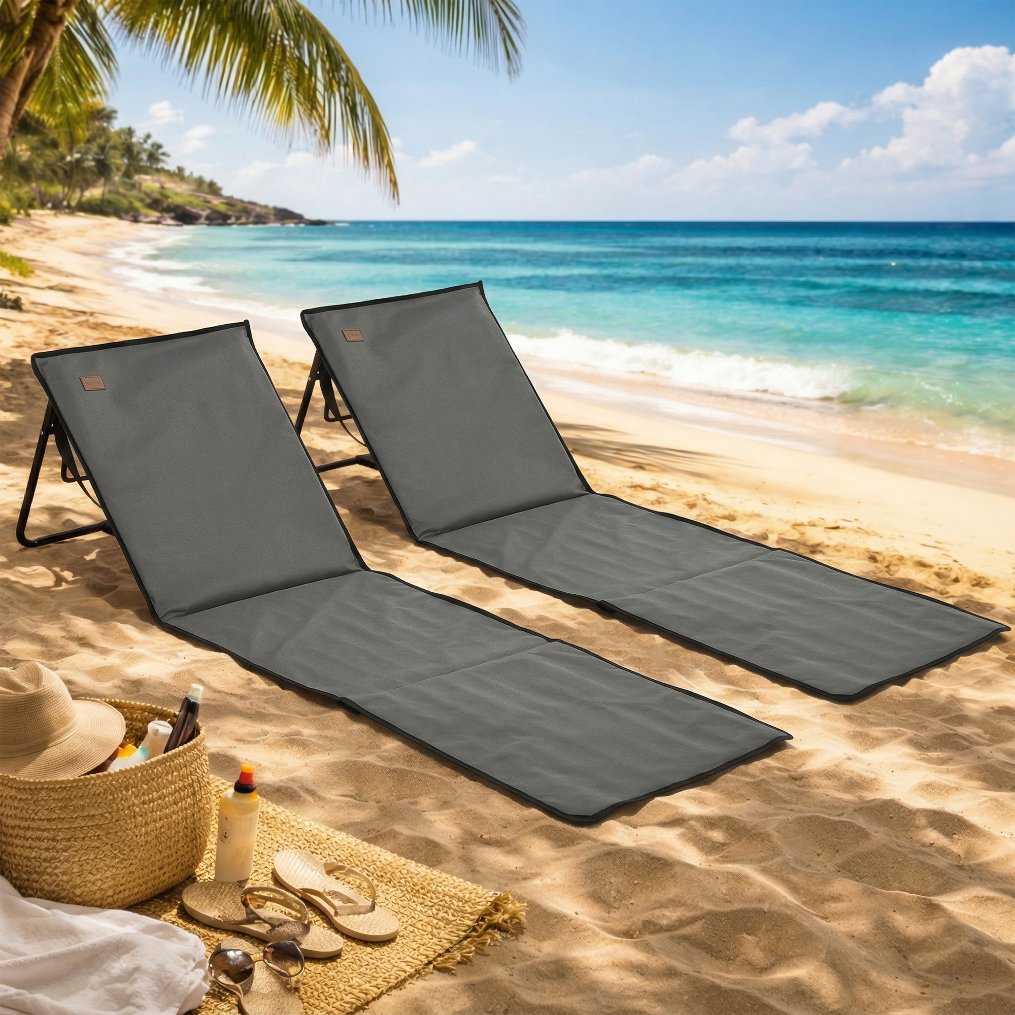 Due sedie da spiaggia grigie sulla sabbia con palme e oceano turchese.