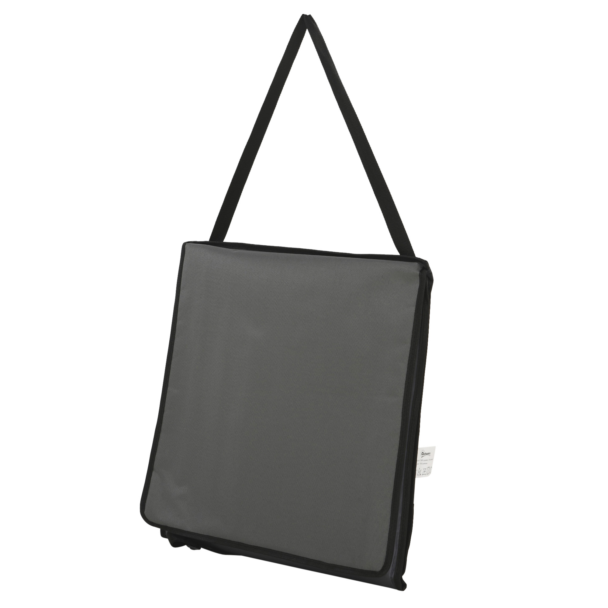Borsa grigia con tracolla nera, su sfondo bianco.