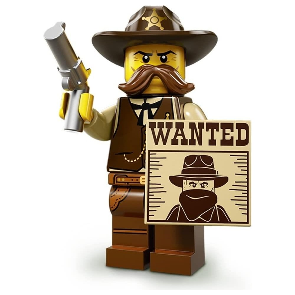 Şapkalı, bıyıklı ve silahlı Lego şerif, arananlar posteri tutuyor.