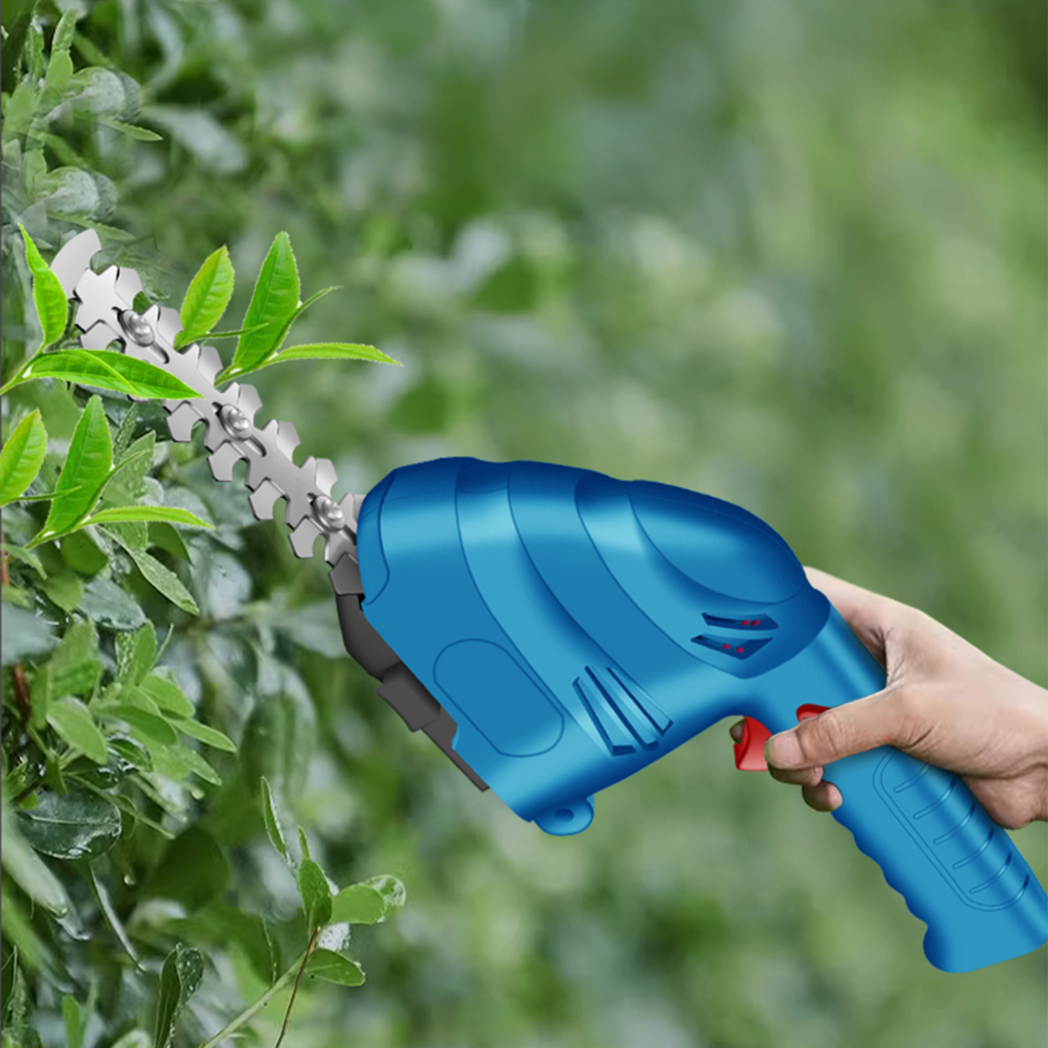 Tagliasiepi blu che taglia foglie verdi in un giardino.