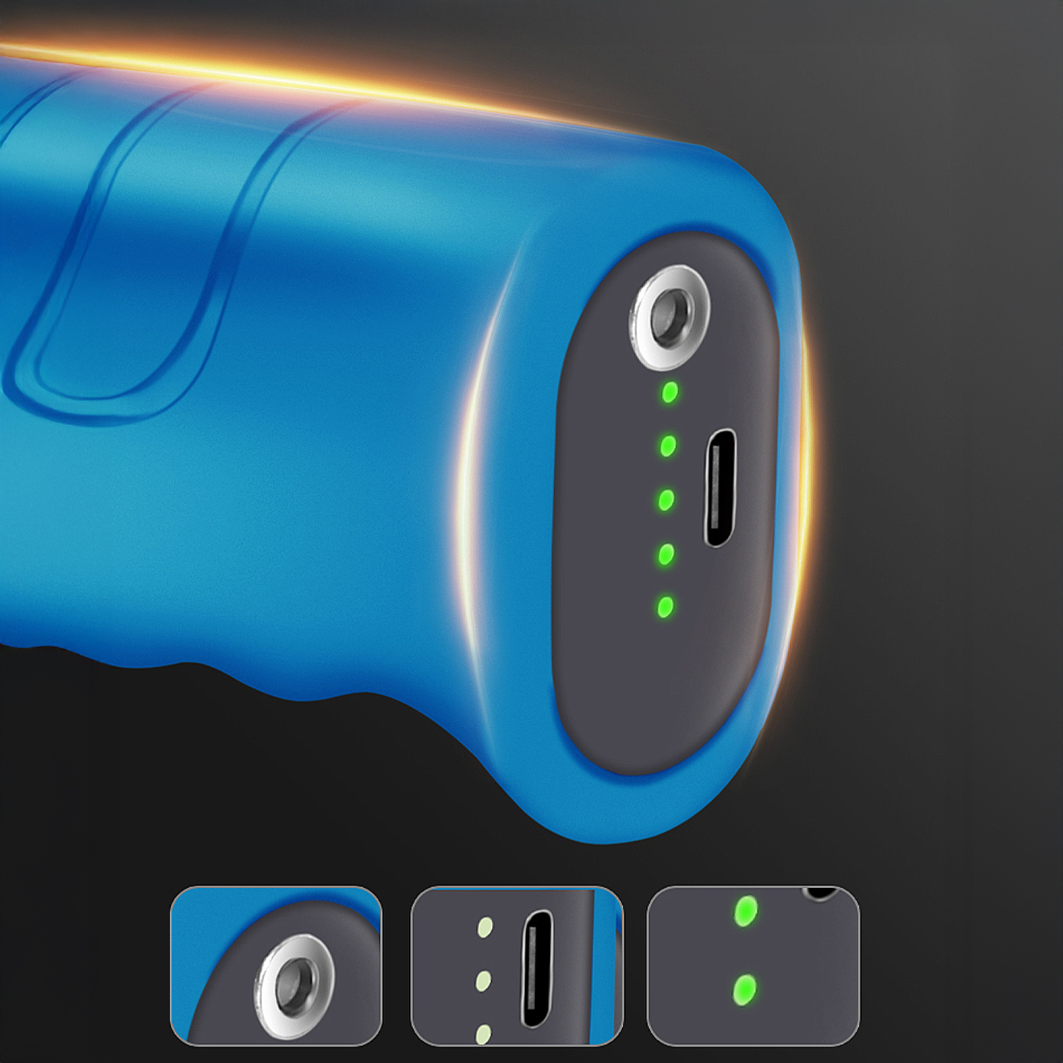 Power bank blu con pulsante argentato, porta USB-C e indicatori LED verdi.