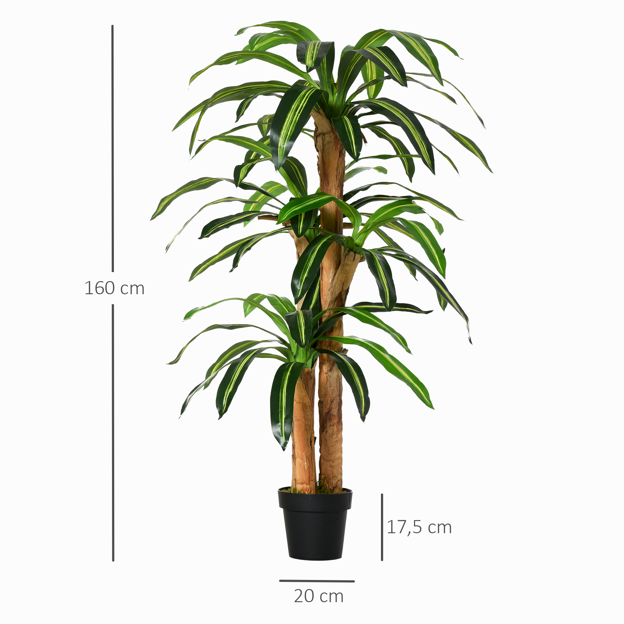 Una planta artificial alta con hojas largas, verdes y amarillas en una maceta negra.