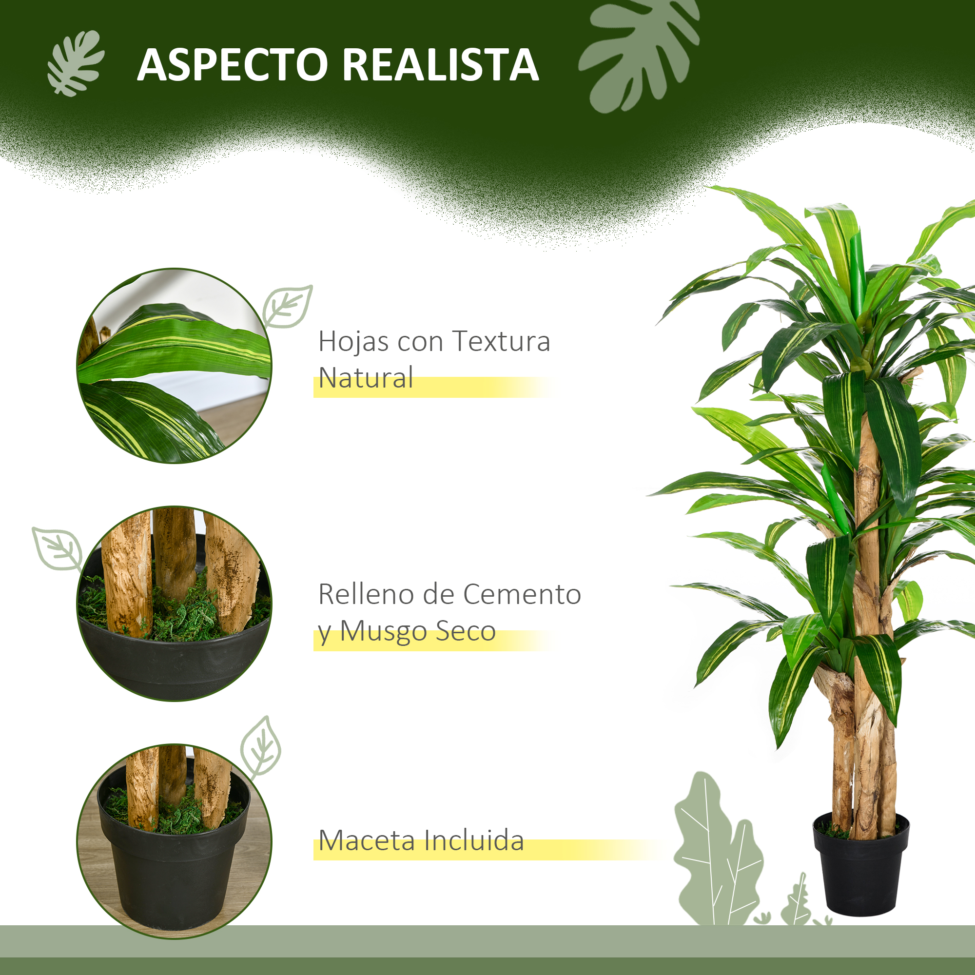 Planta artificial realista con hojas verdes y tallos de madera en maceta negra.