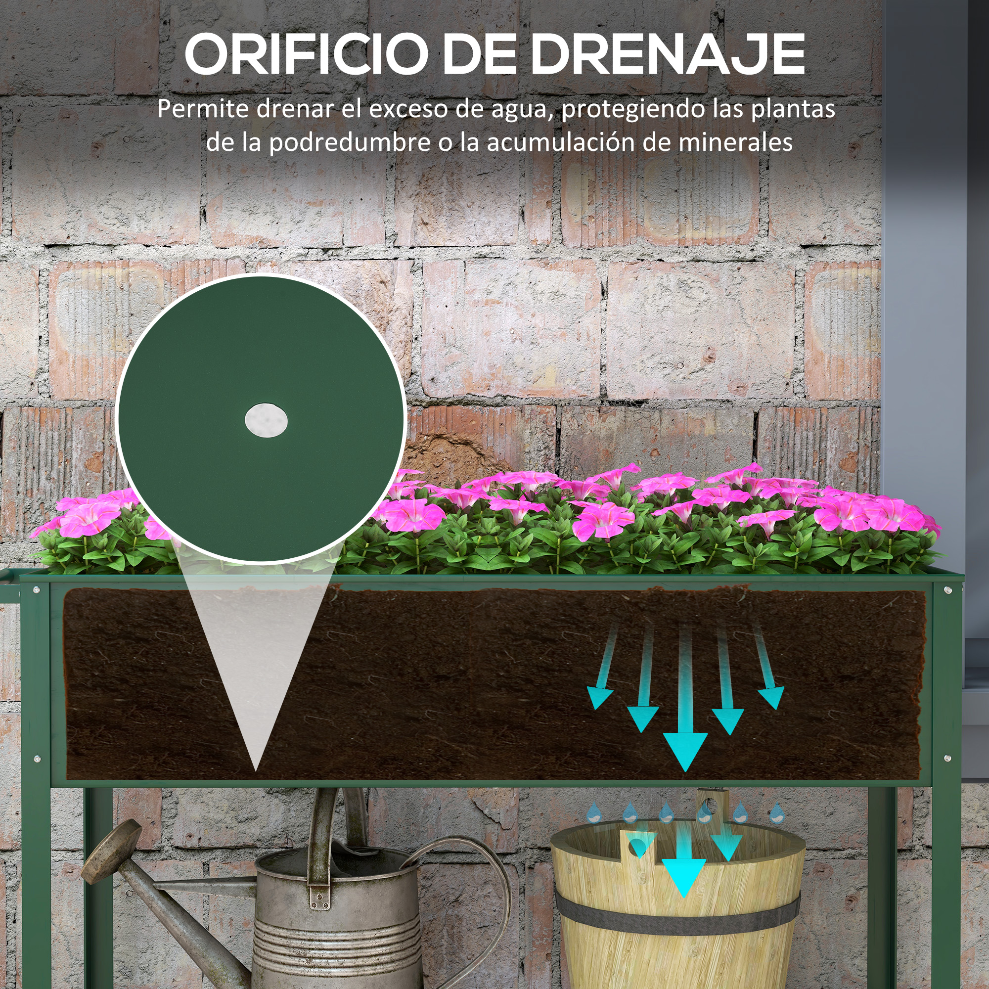 Maceta verde con flores rosas, sistema de riego con cubo.
