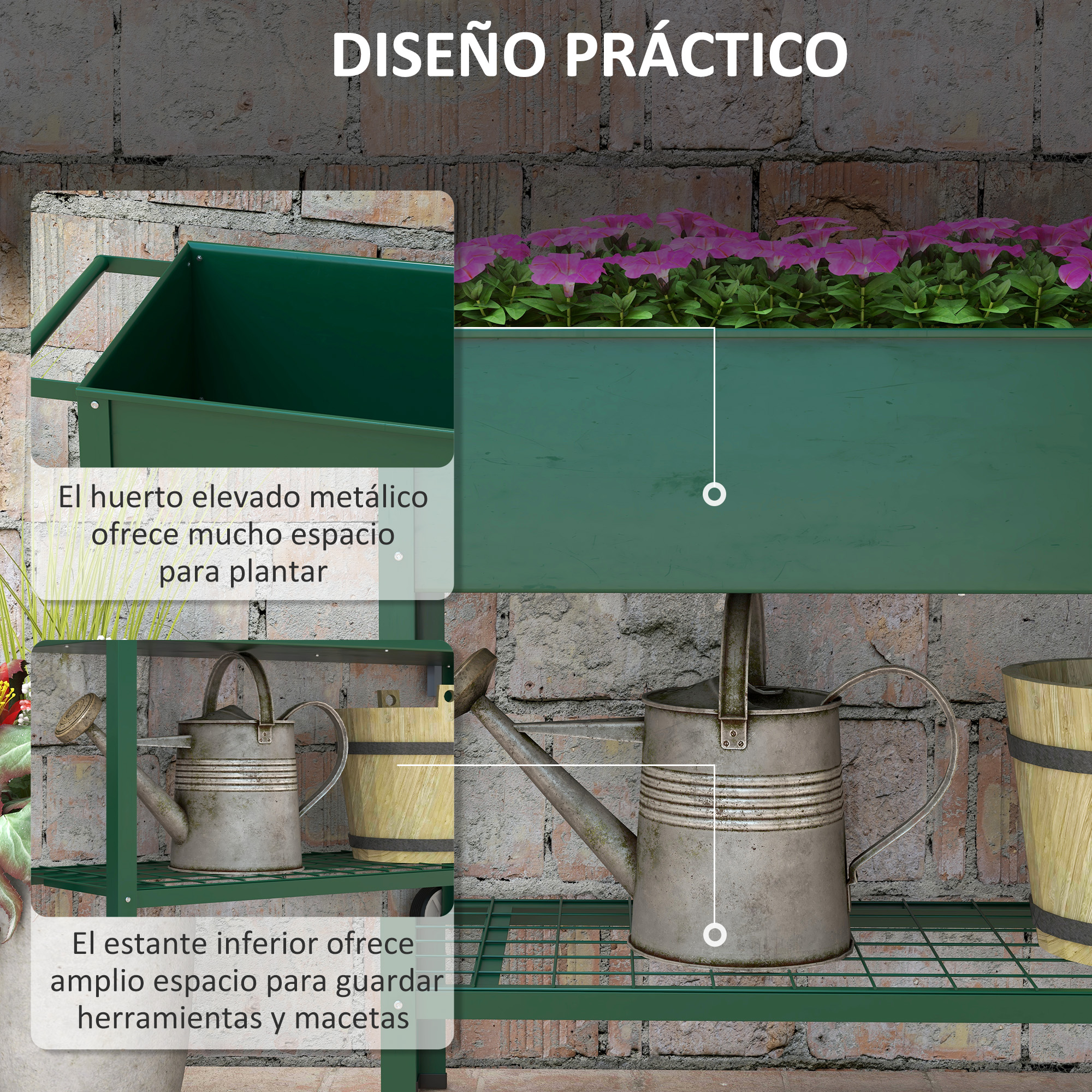 Estante metálico verde con flores, regaderas y cubos de madera.