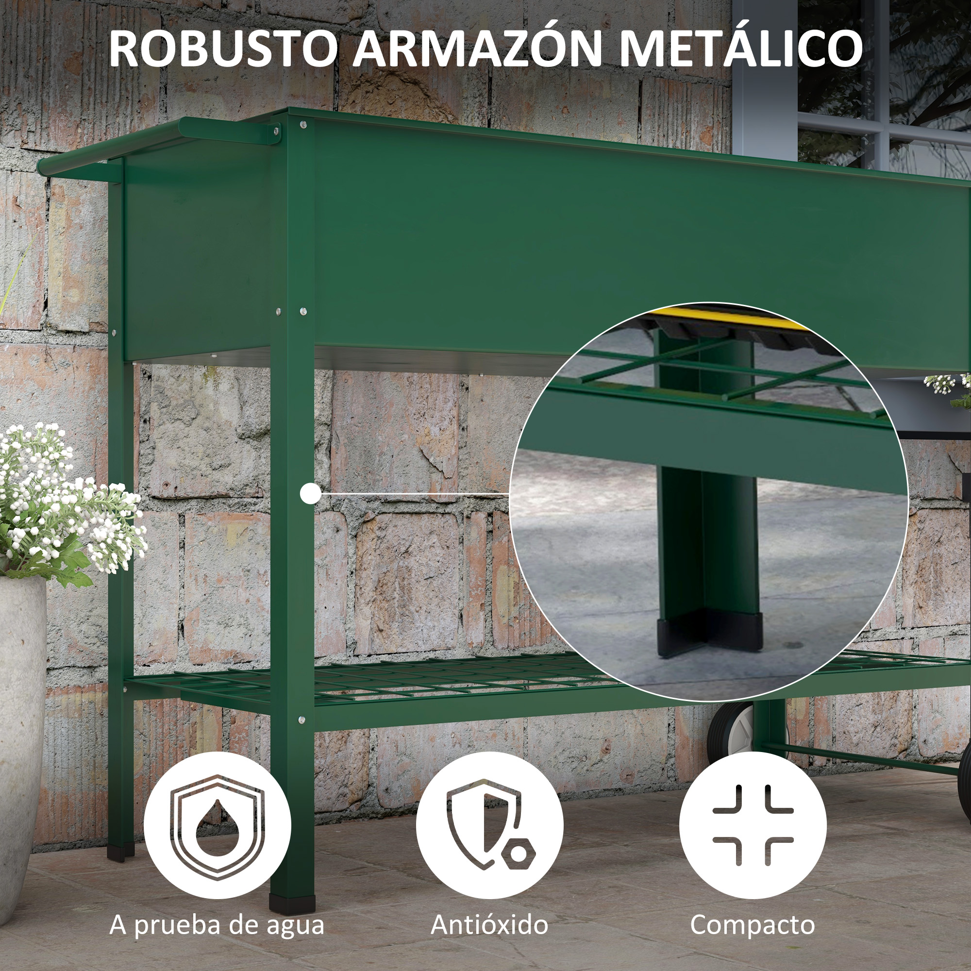 Mesa verde de metal para plantas con ruedas, estantes y símbolos de resistencia al agua.