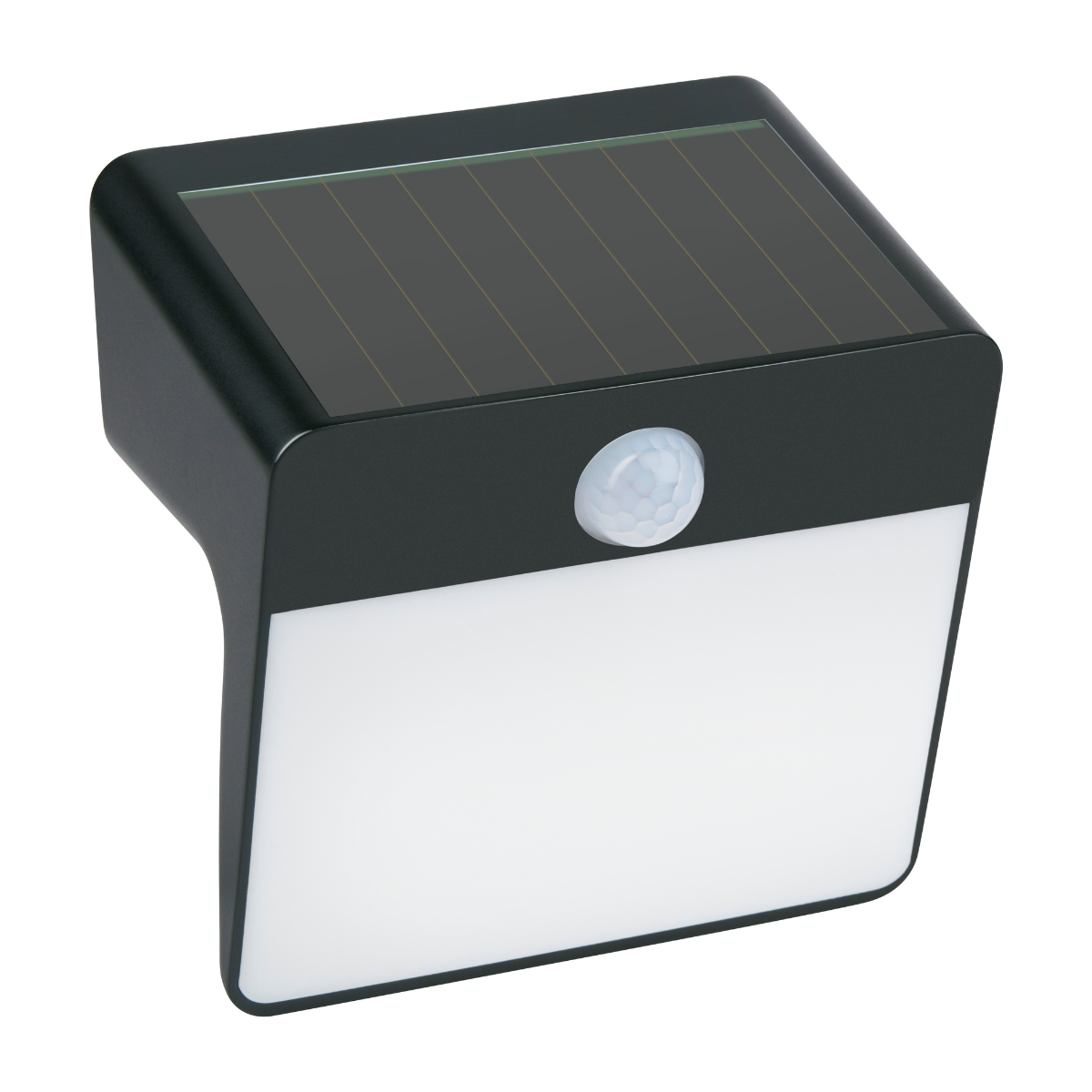 Black solar light with motion sensor and white light module, isolated.