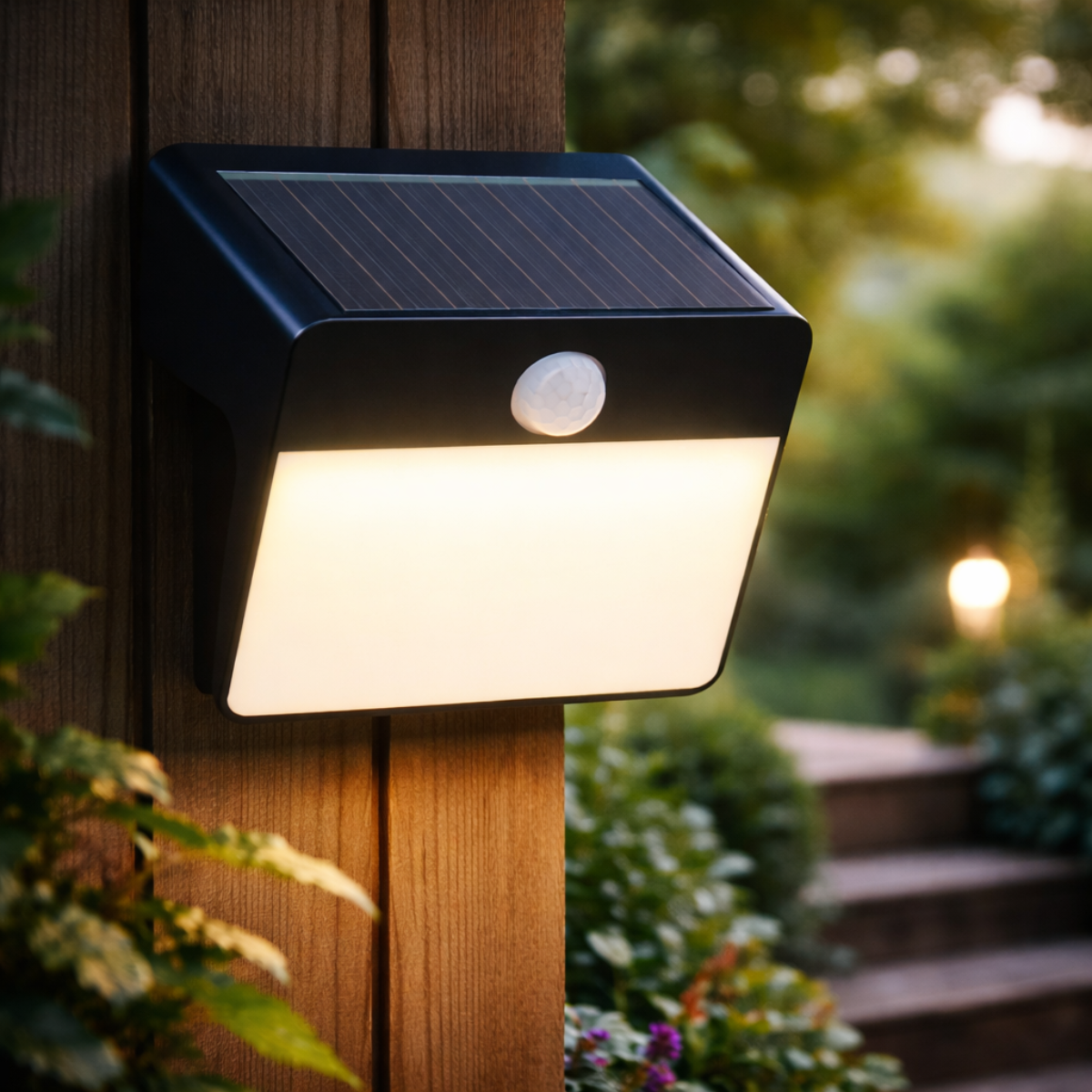 A solar-powered outdoor light with motion sensor on a wooden post, illuminating a garden.