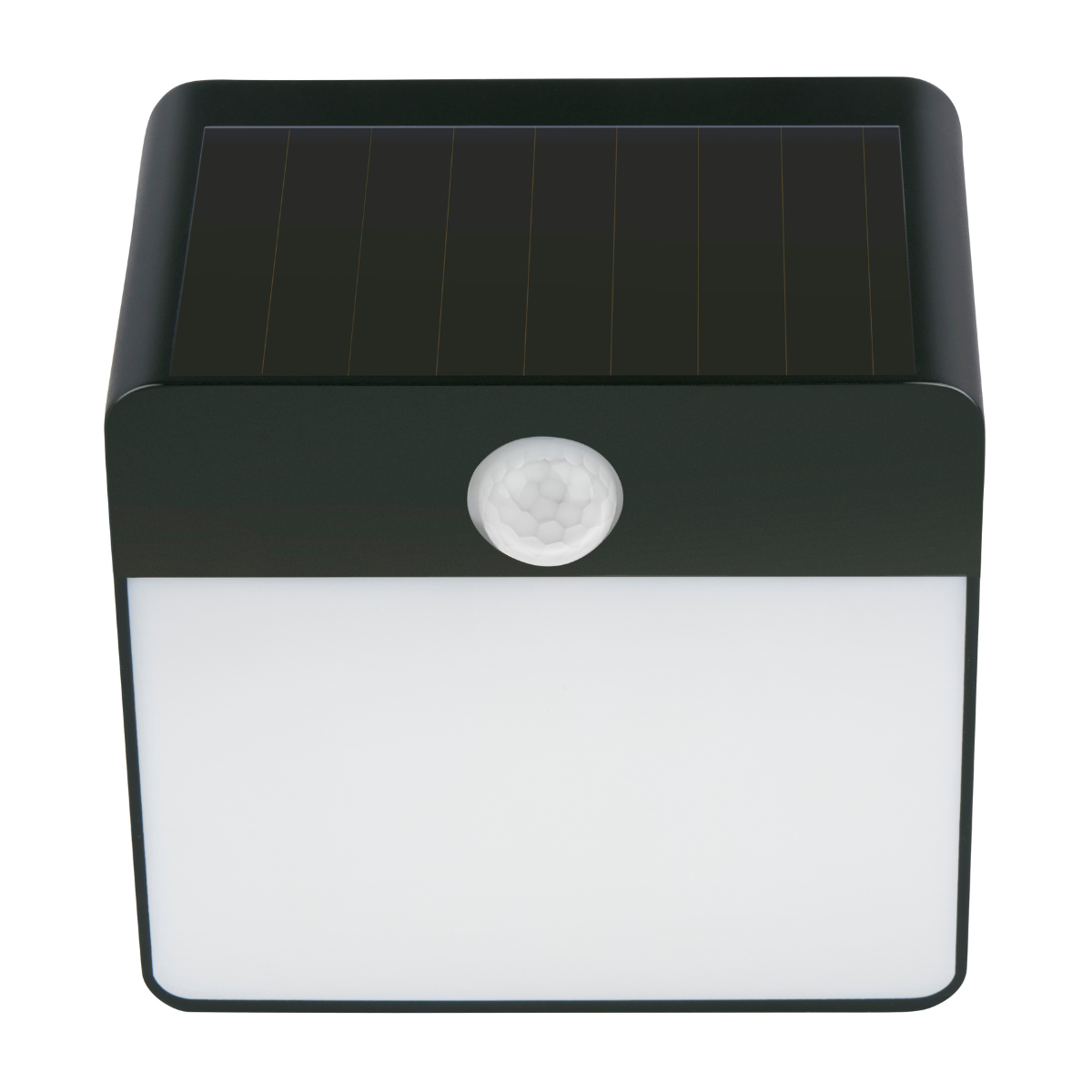 Black solar light with motion sensor and white light panel.
