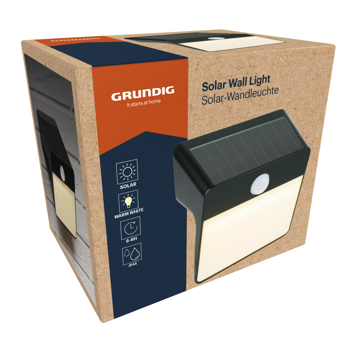 Packaging of a solar wall light with Grundig logo and technical details.