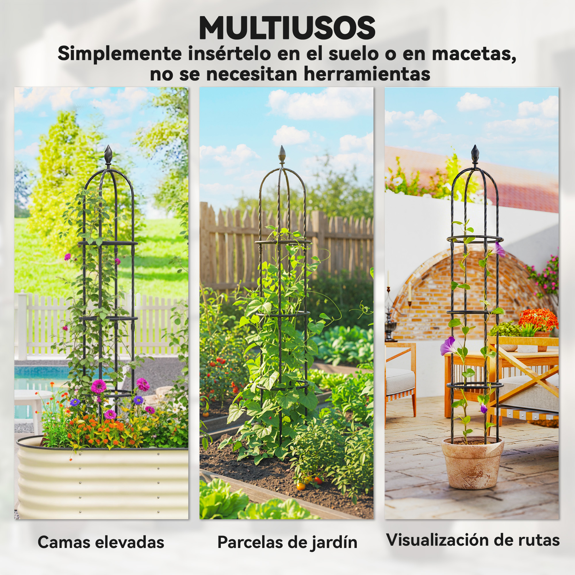 Tres escenas muestran un enrejado negro para plantas: en bancal, jardín y maceta.