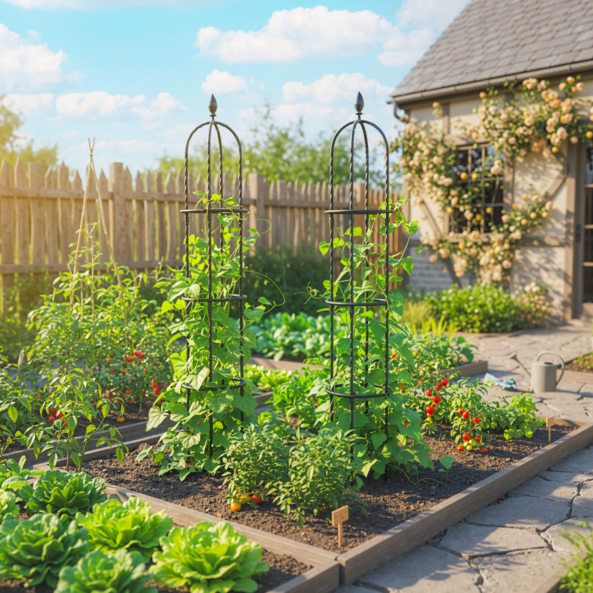 Un huerto con tomates, lechugas y enrejados frente a una casa con rosas.