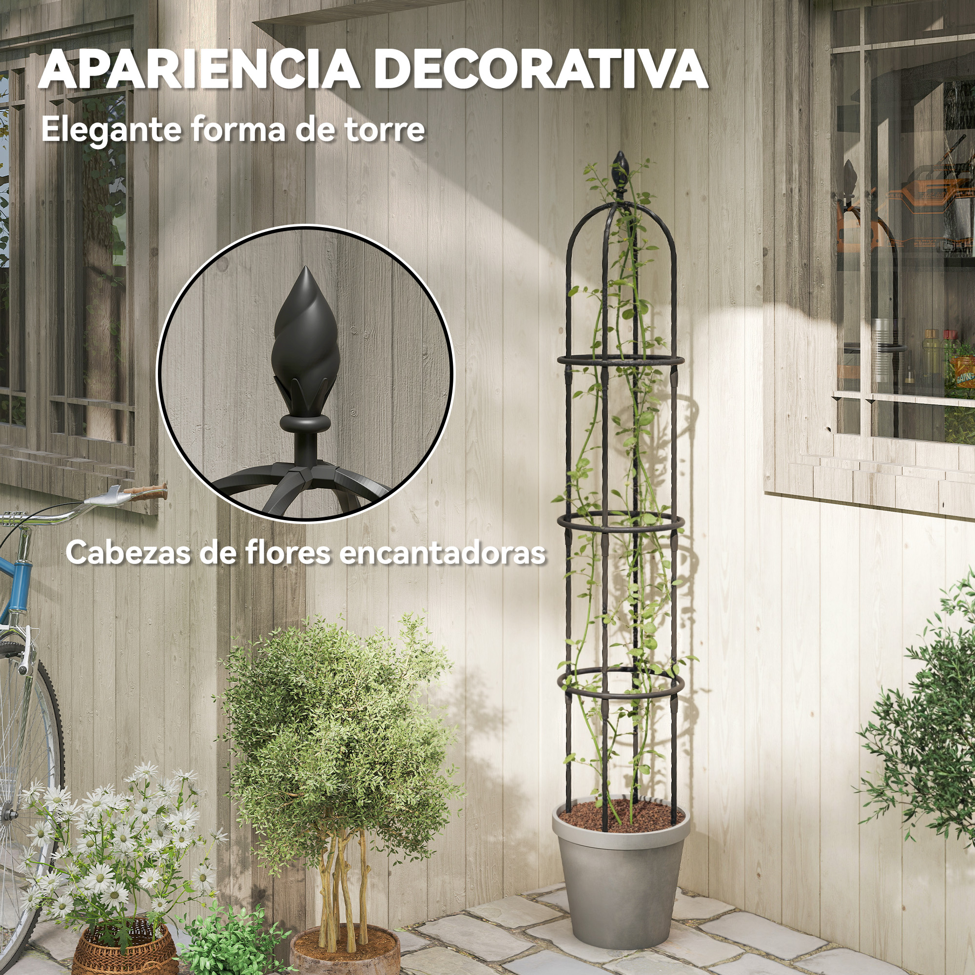 Un enrejado negro en forma de torre con enredaderas trepadoras.