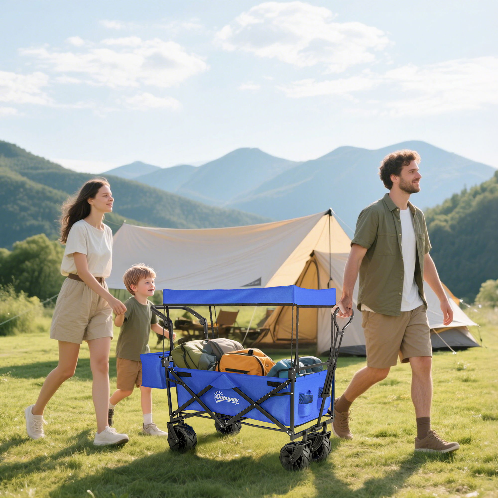 Familia con carrito de camping, montañas al fondo.