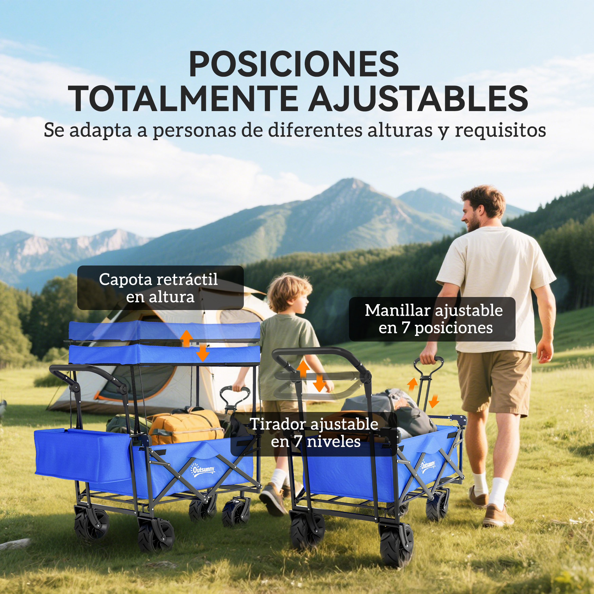Un hombre y un niño están junto a dos carritos azules en un paisaje montañoso.
