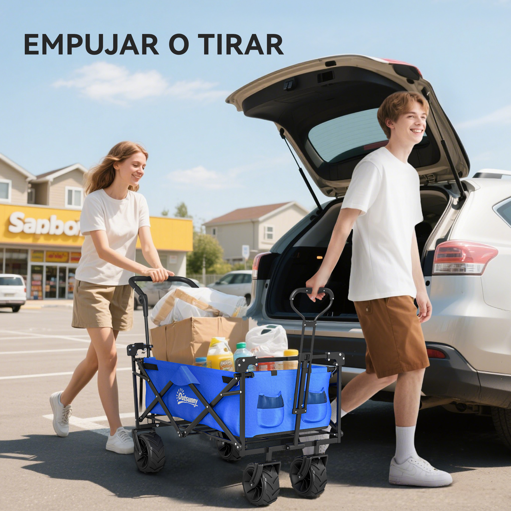 Un hombre y una mujer empujan un carrito azul con compras junto a un coche.