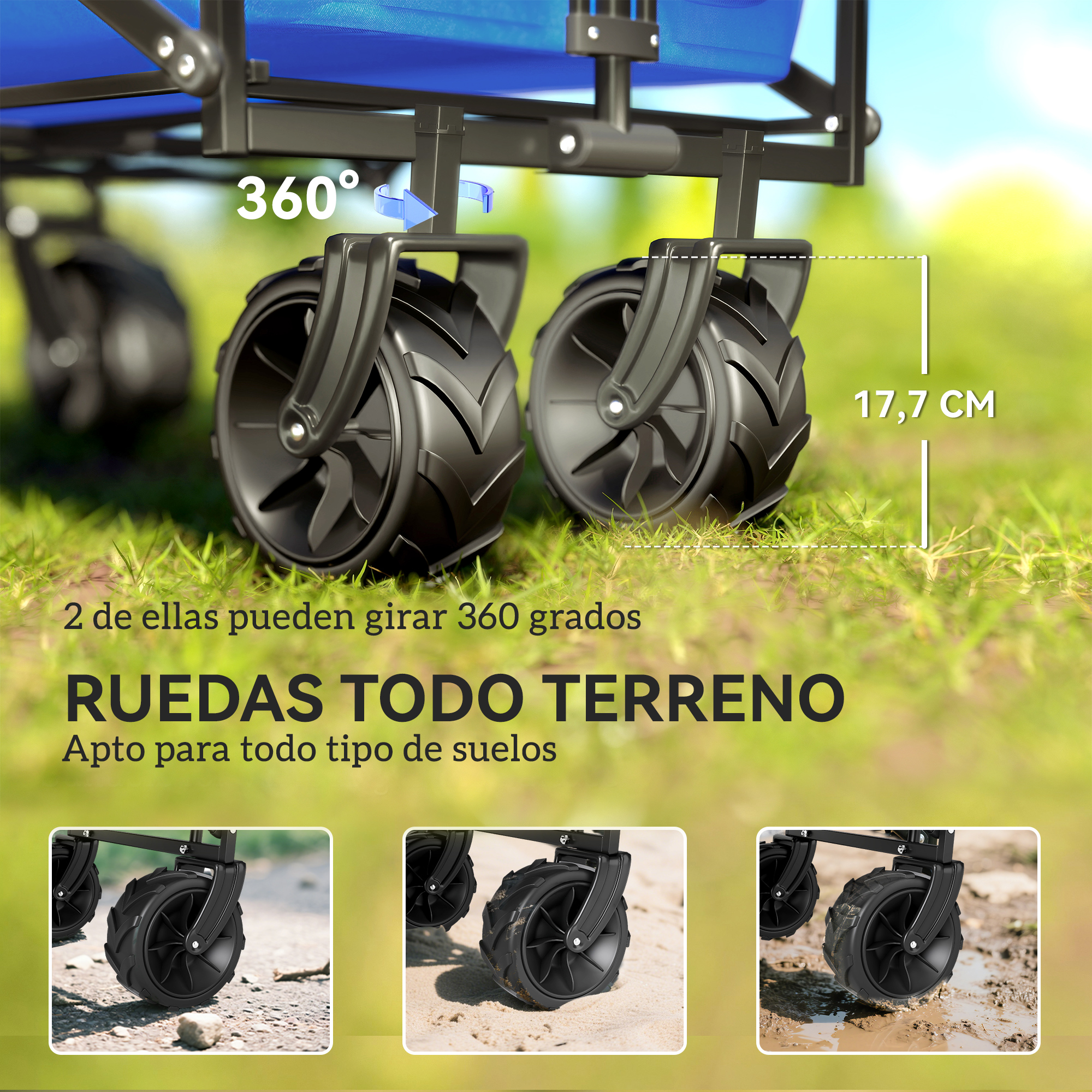 Un carro azul con ruedas grandes giratorias de 360 grados sobre césped.