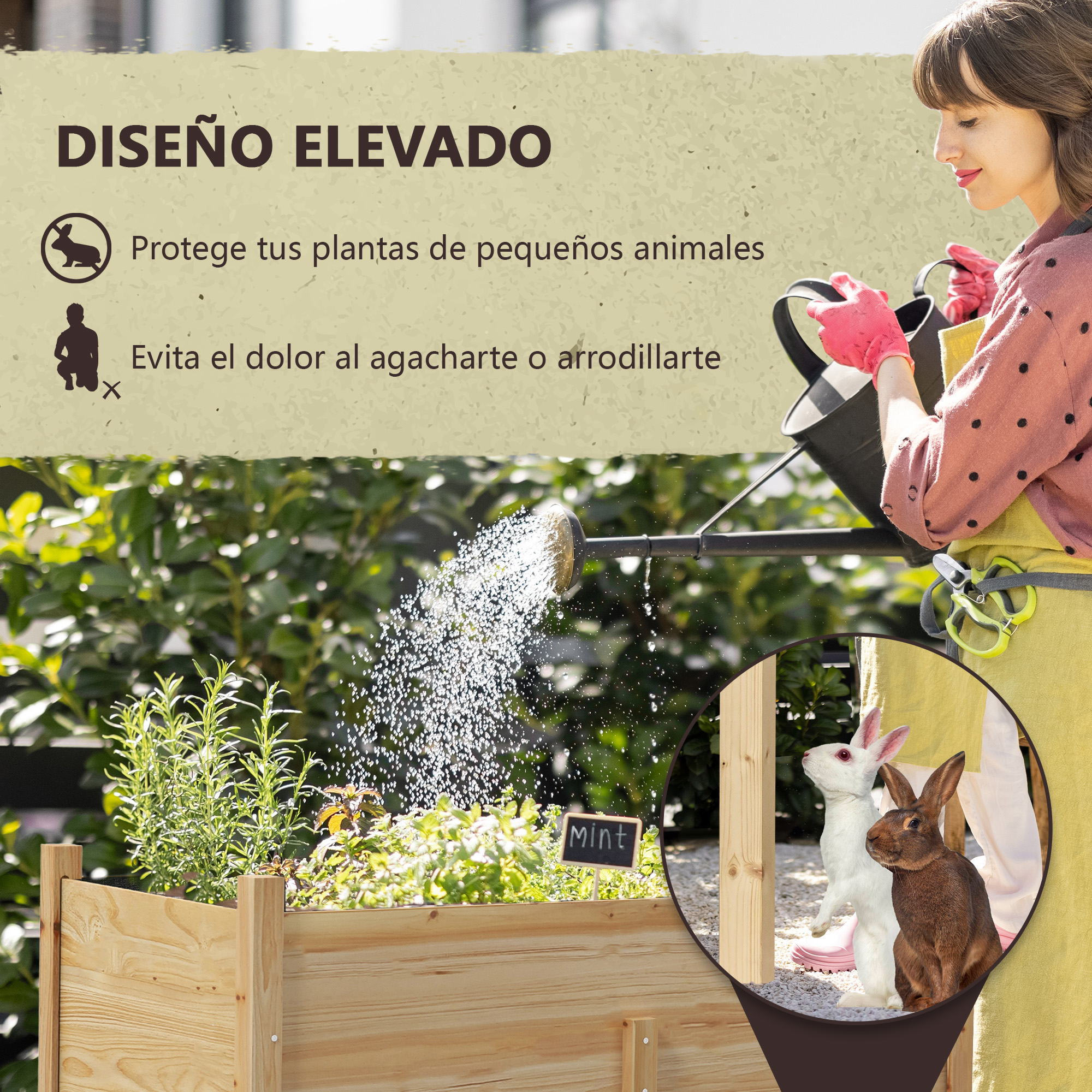 Mujer riega plantas en bancal elevado; dos conejos en círculo.