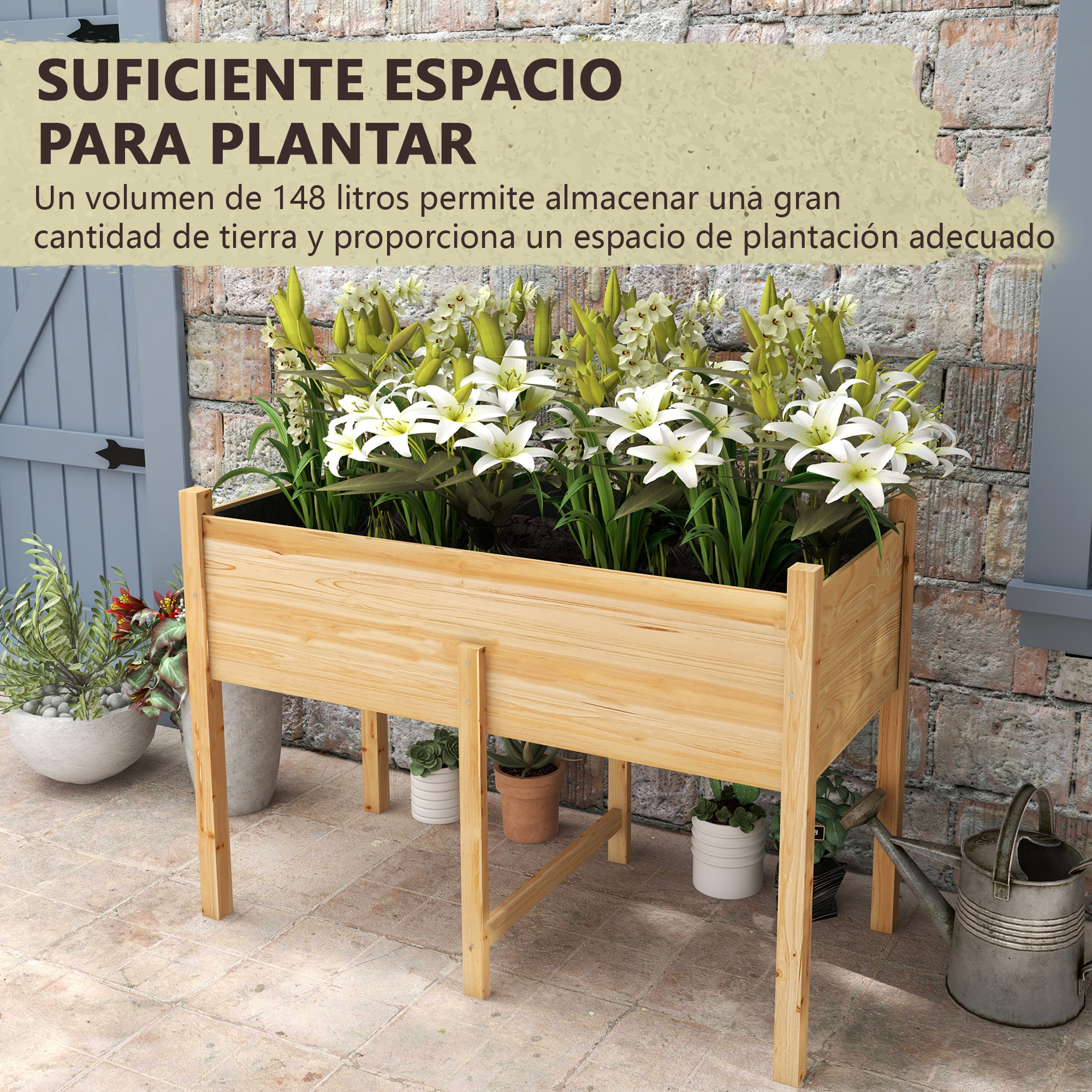 Jardinera elevada de madera con lirios blancos, macetas y regadera cerca.
