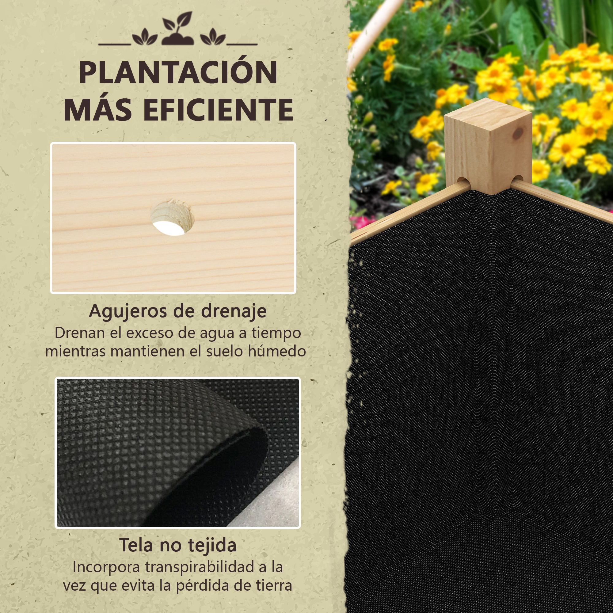 Maceta con agujeros de drenaje y tela no tejida. Detalles de madera, flores amarillas.
