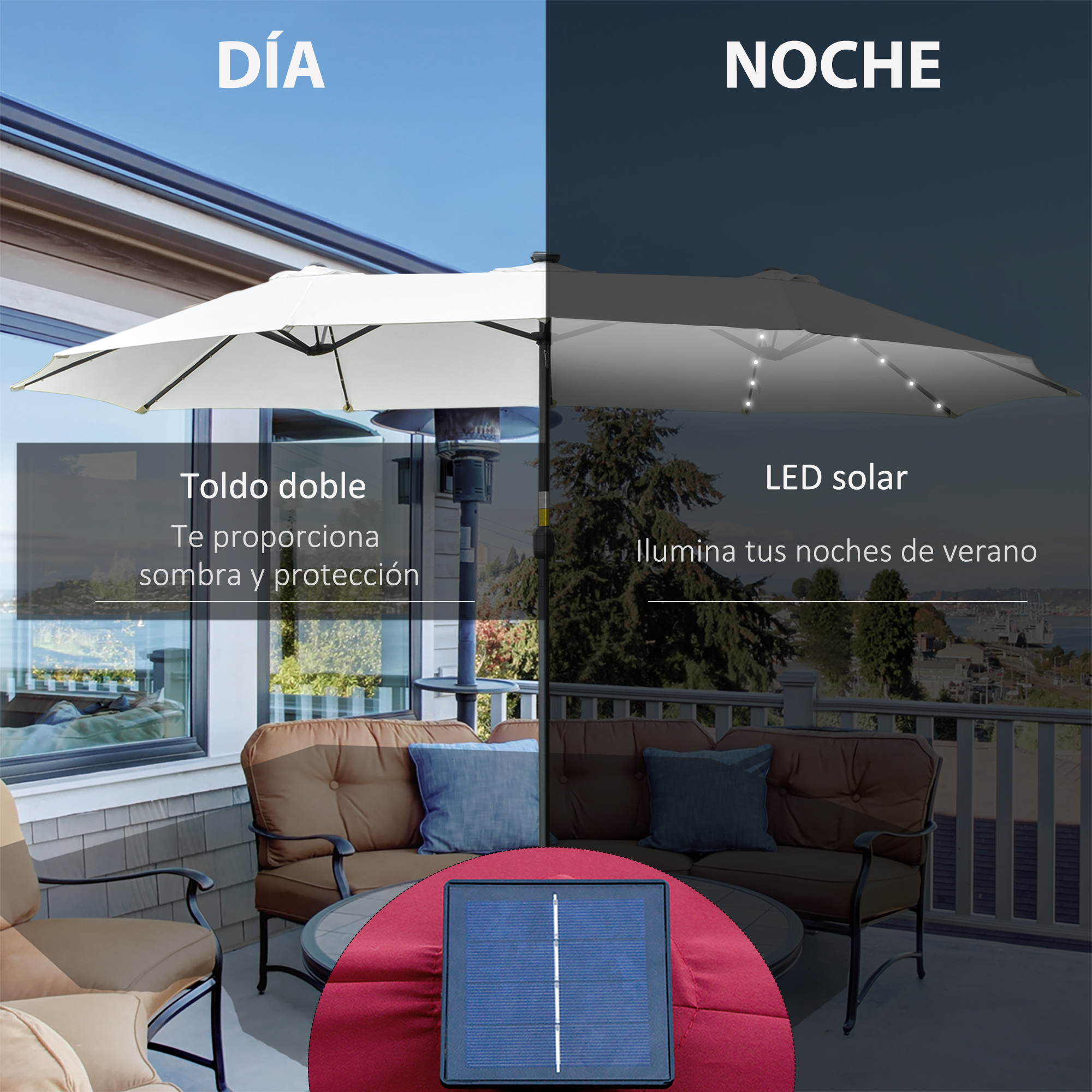 Un toldo de patio de día y de noche, con LEDs y panel solar.
