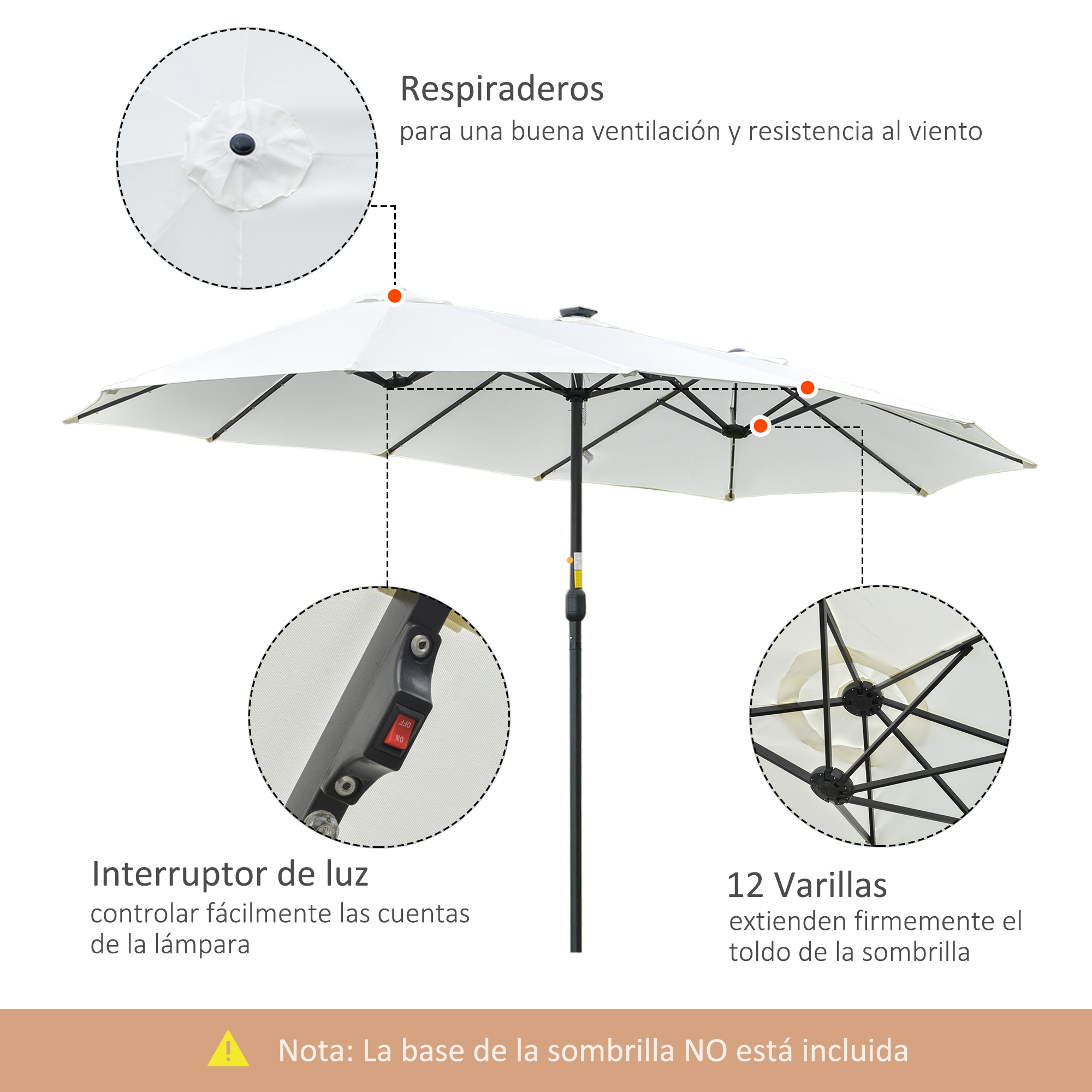 Un parasol blanco con detalles de ventilaci00n, interruptor de luz y 12 varillas.