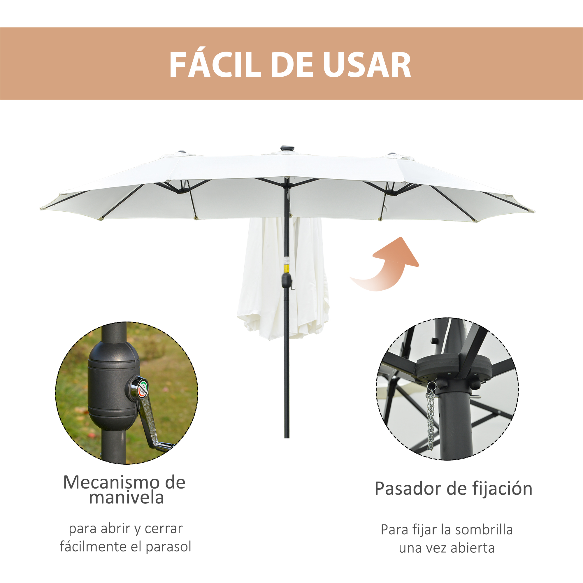 Un parasol blanco con manivela y pasador de fijación.