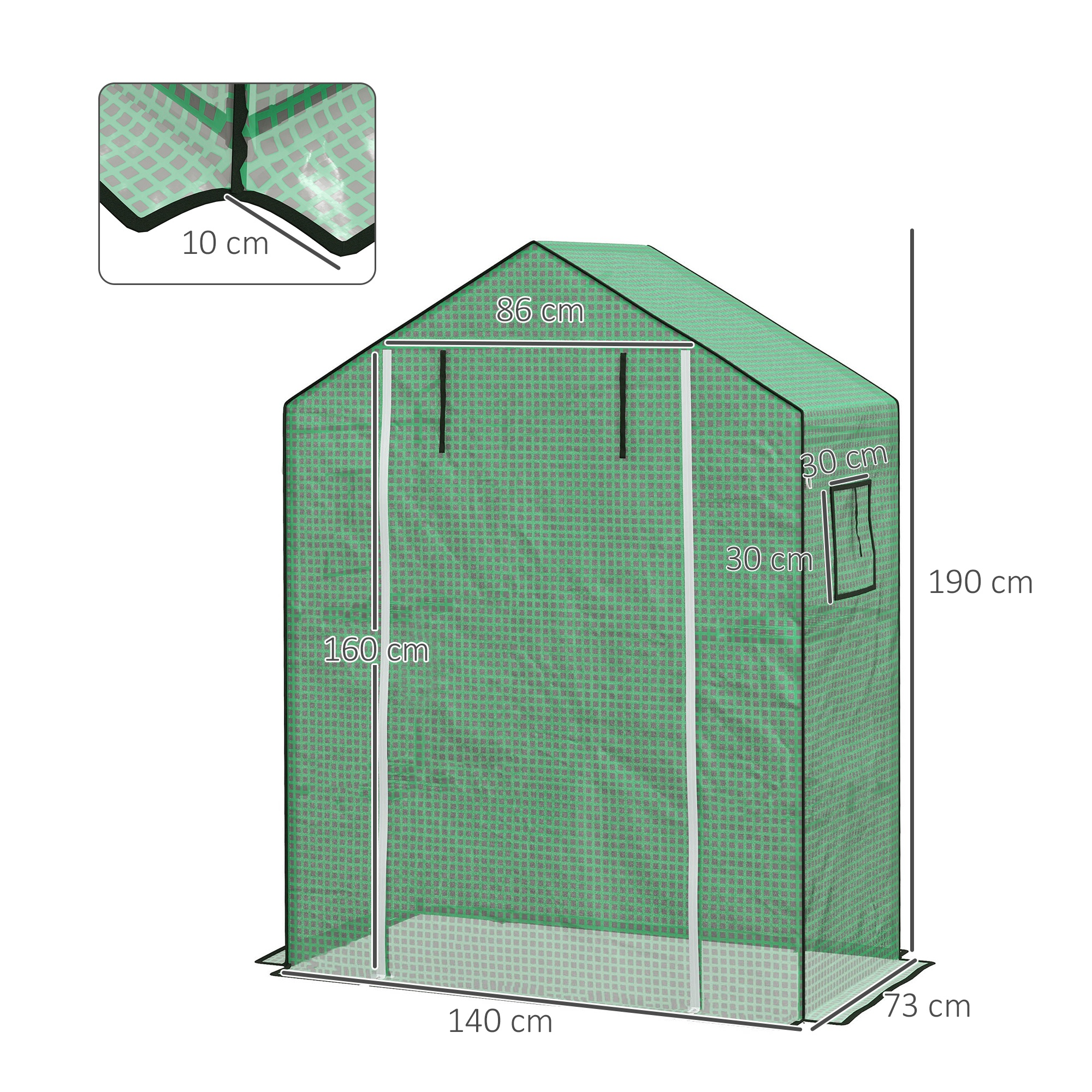 Invernadero verde con dimensiones y ventana.