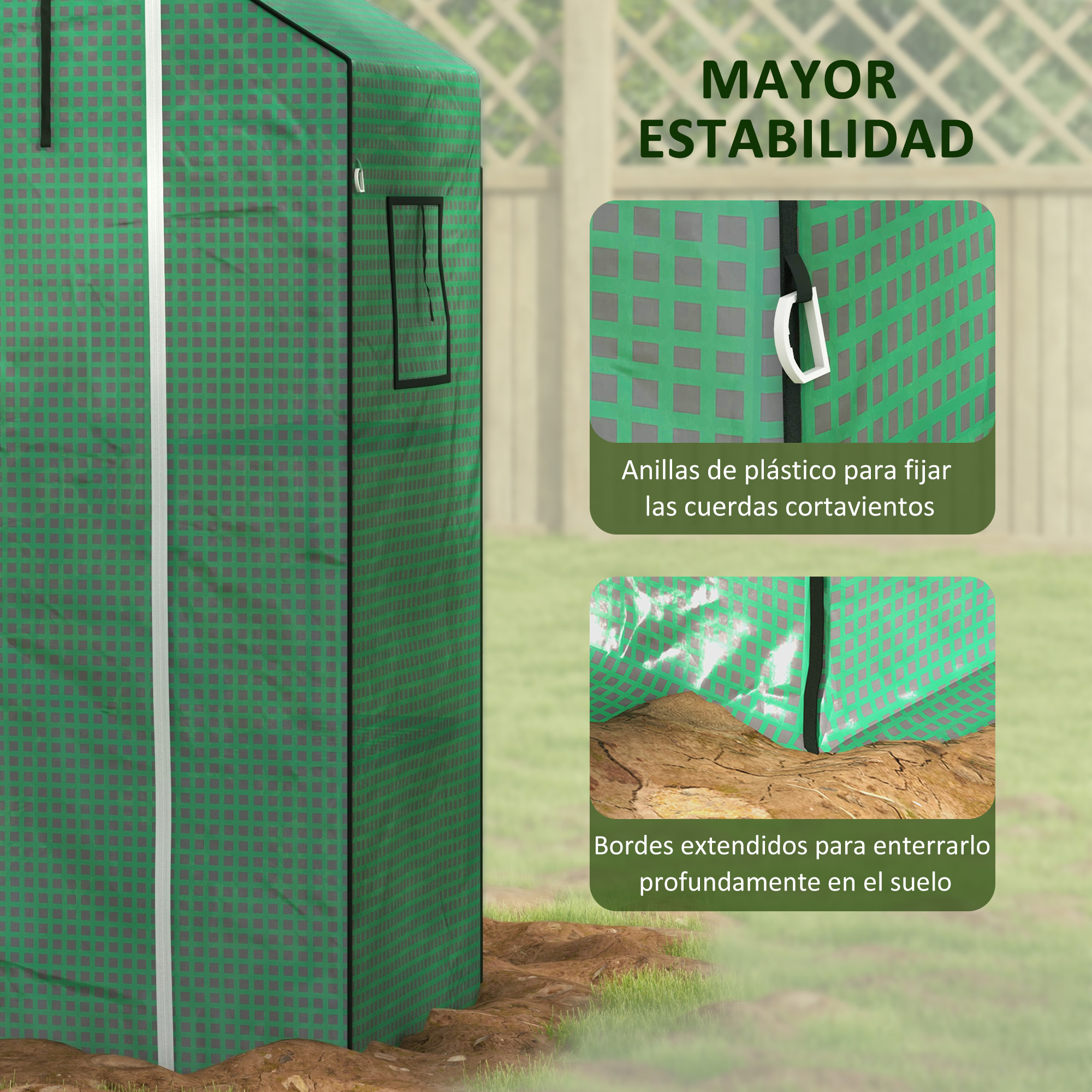 Invernadero verde a cuadros con cremallera y ventana. "Mayor Estabilidad".