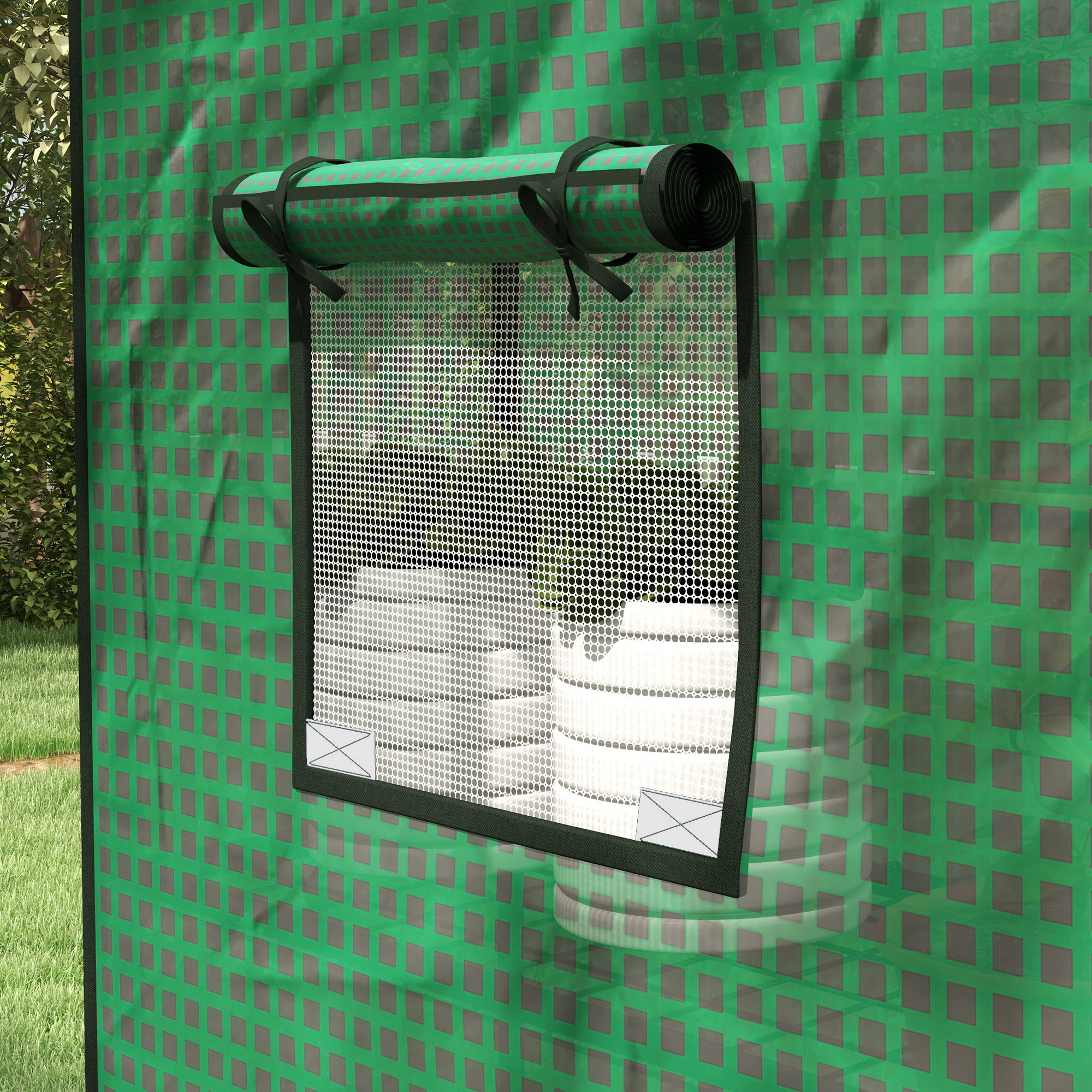 Tienda verde con patrón de cuadros y ventana enrollada.