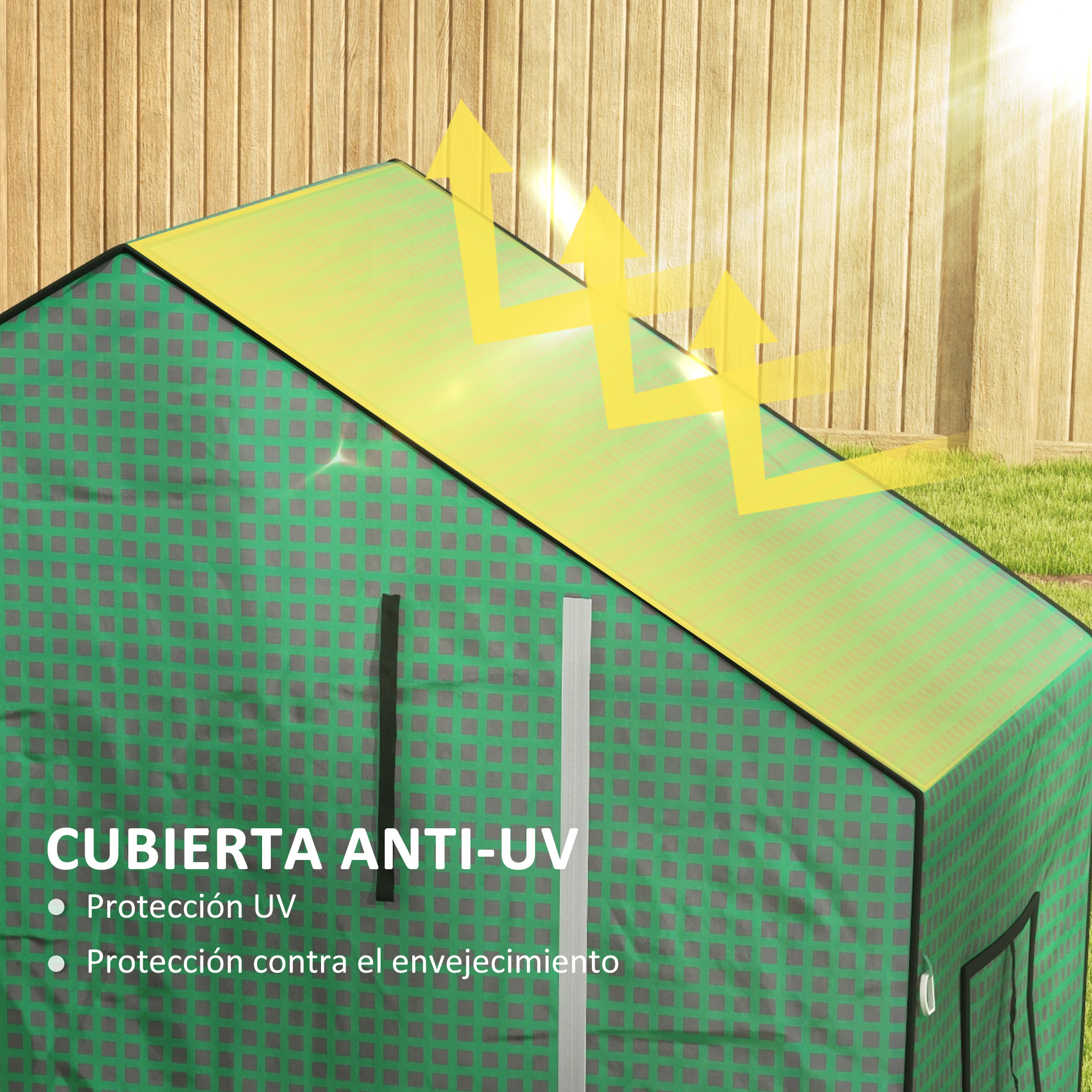 Tienda verde de protección UV con techo amarillo frente a valla de madera.