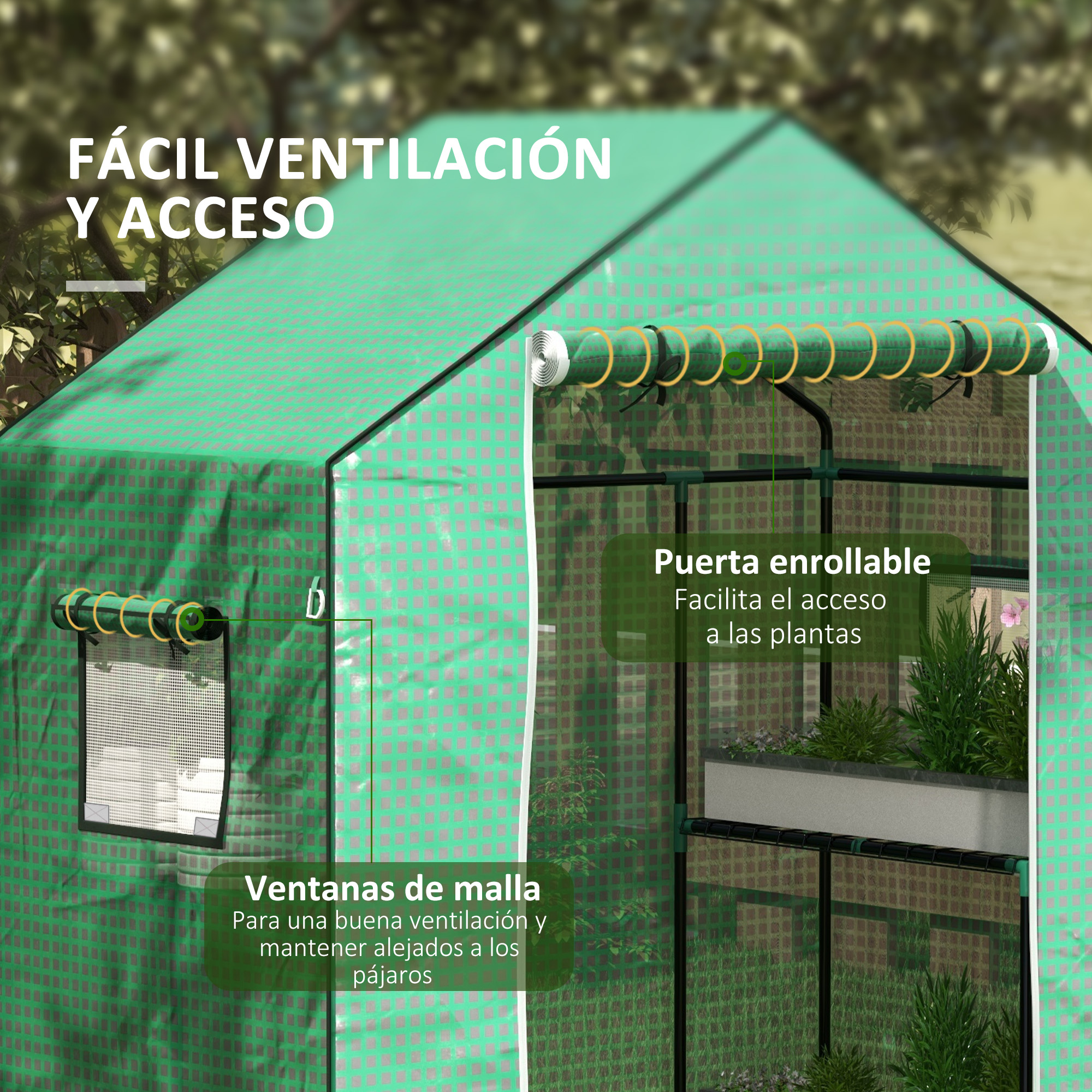 Un invernadero verde con puerta enrollable y ventanas de malla.
