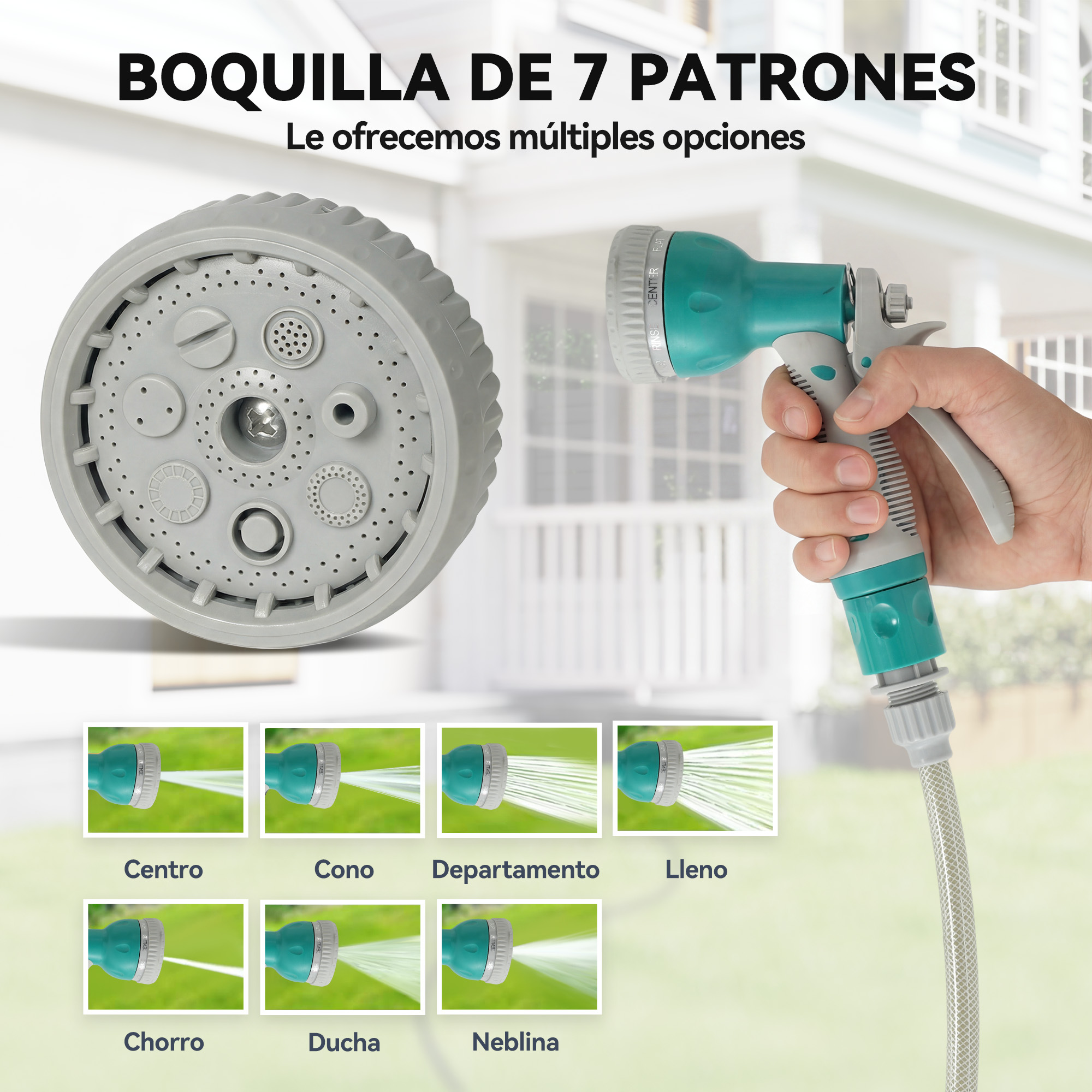Primer plano de una boquilla de 7 patrones con varias configuraciones de rociado.