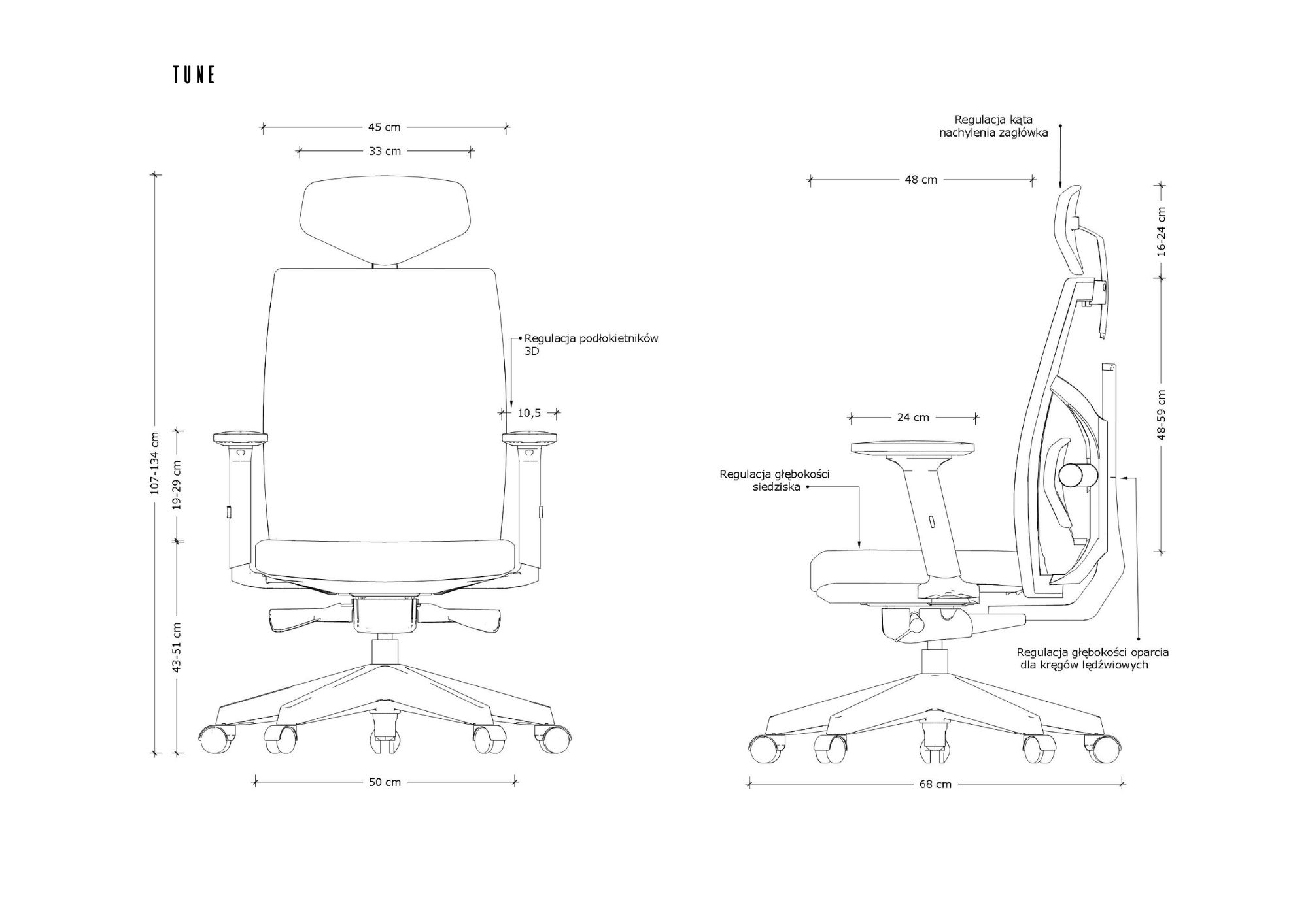 Rysunek techniczny krzesła biurowego z wymiarami i opcjami regulacji.