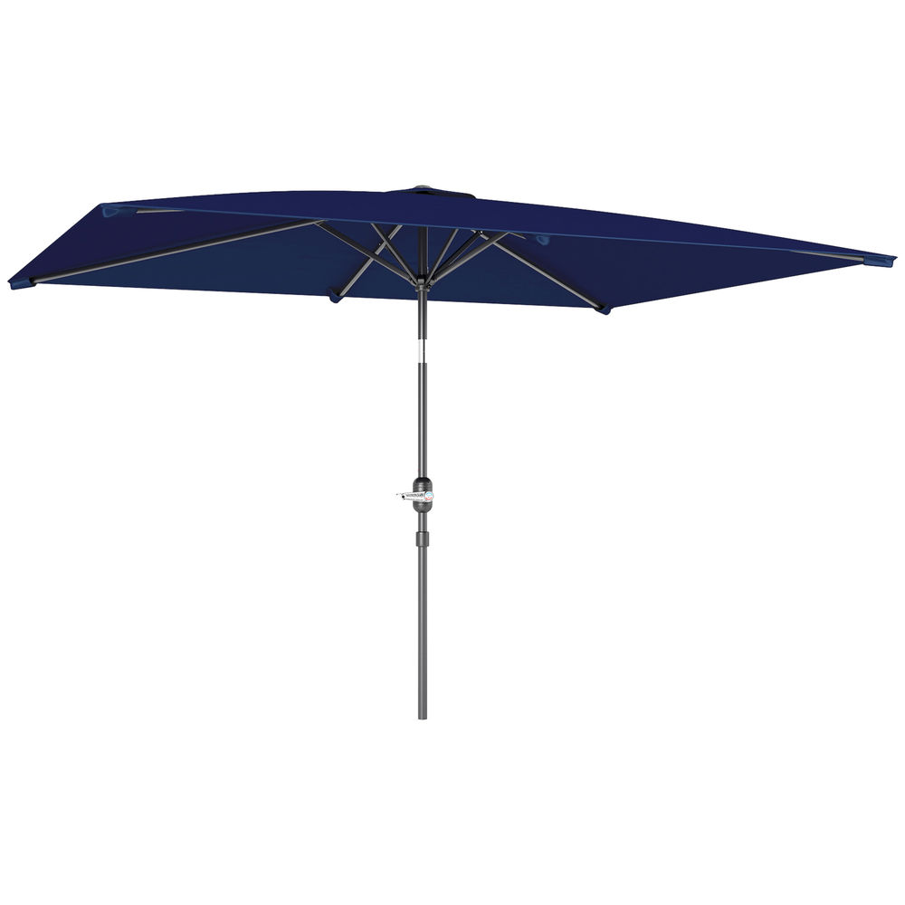 Un parasol rectangular azul oscuro con poste metálico.