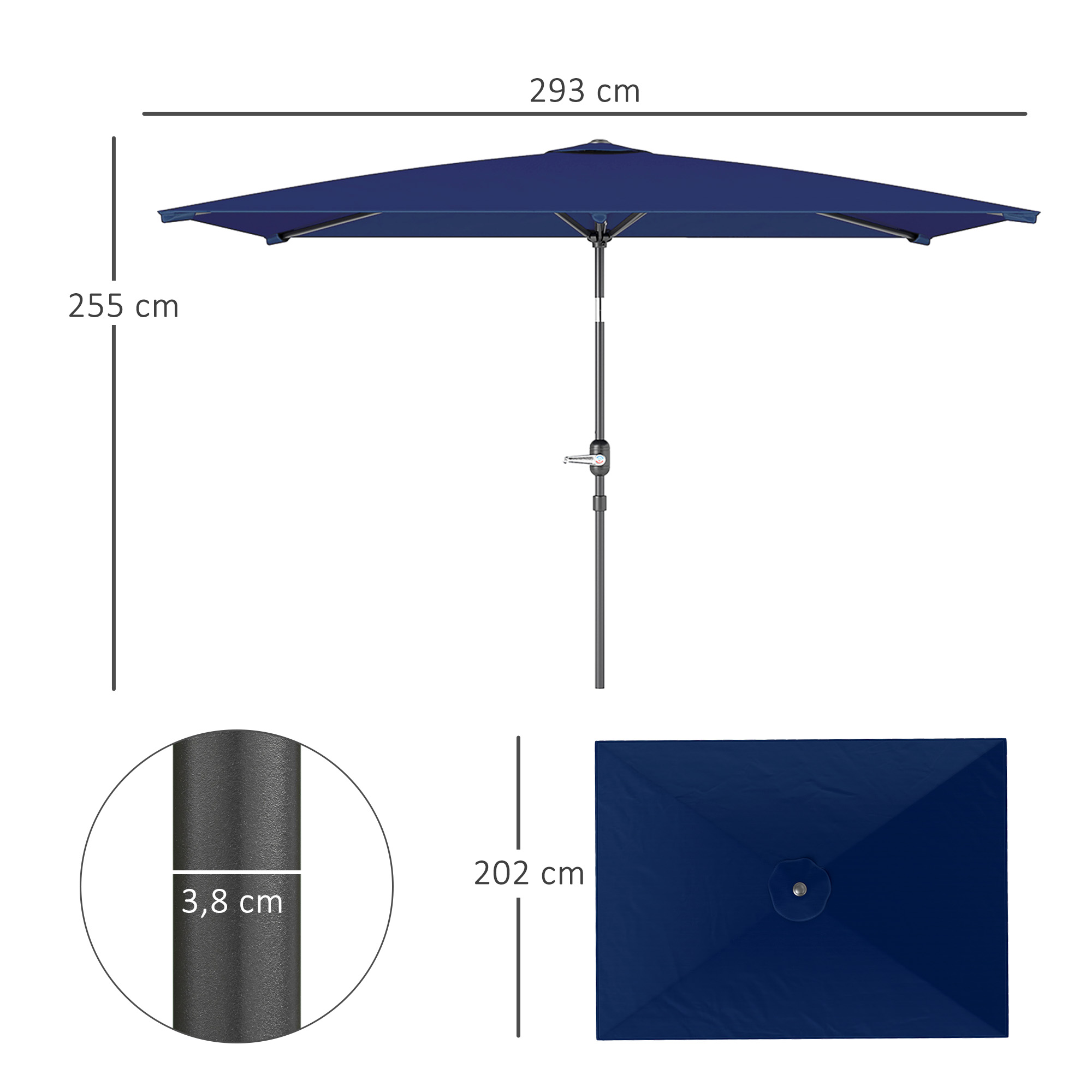 Un parasol azul marino, 293 cm de ancho, 255 cm de alto. Detalle del poste de 3,8 cm.