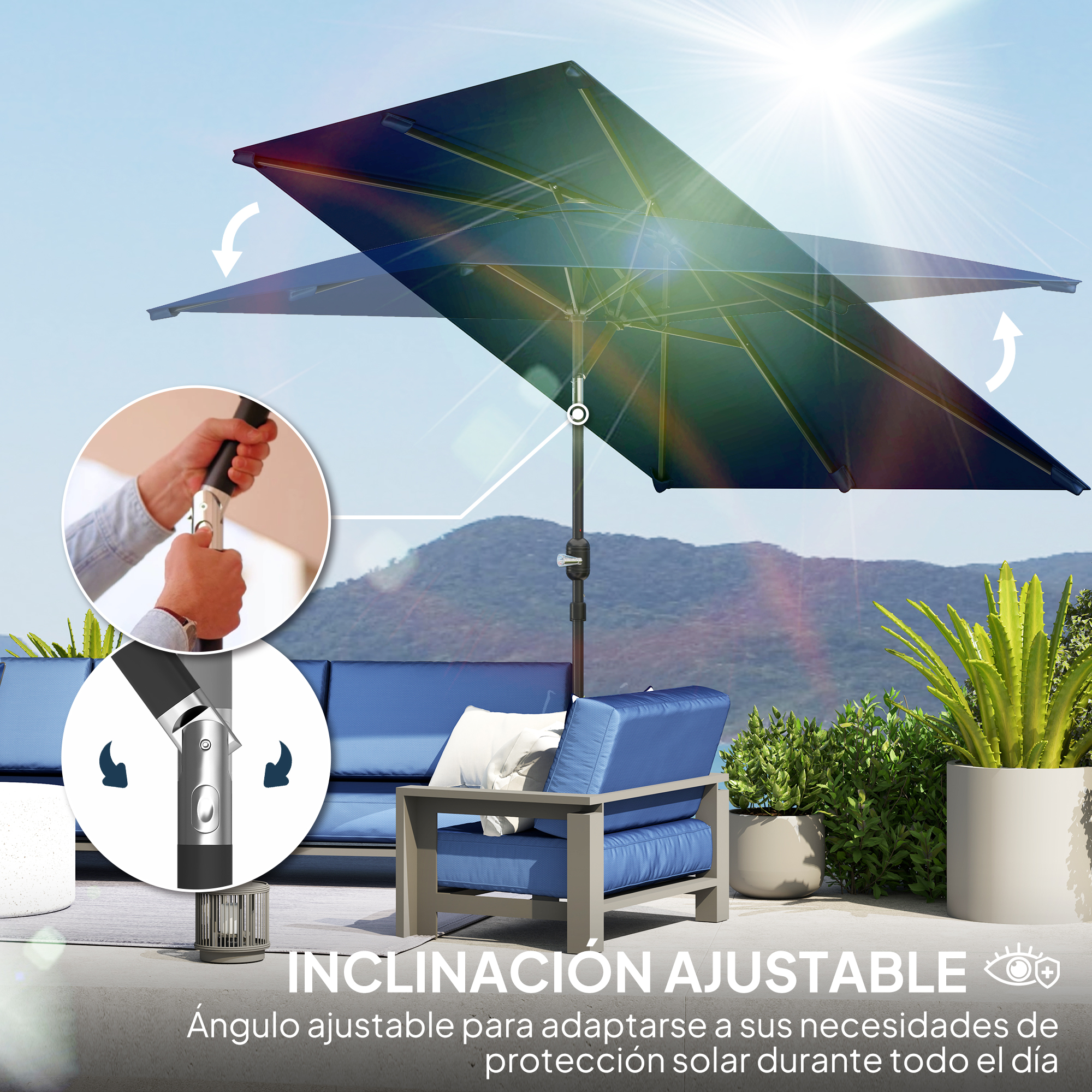 Sombrilla ajustable sobre muebles de patio azules con sol.