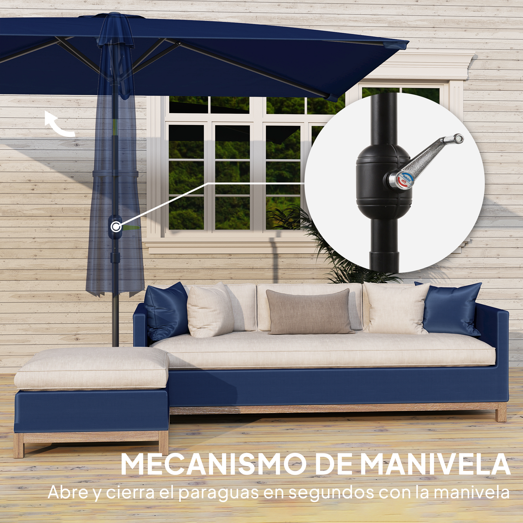Un parasol azul con mecanismo de manivela sobre un sofá.