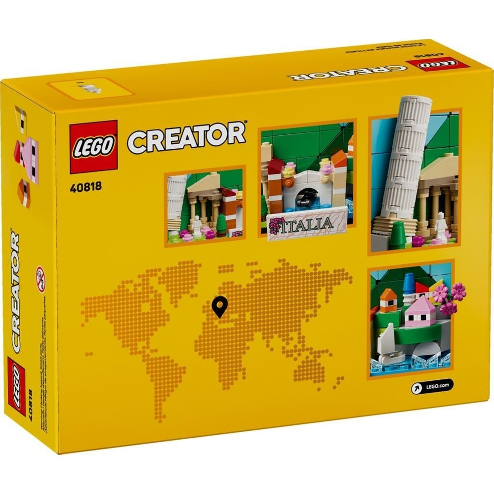 İtalyan simgeleri ve dünya haritası resimli sarı Lego Creator kutusu.