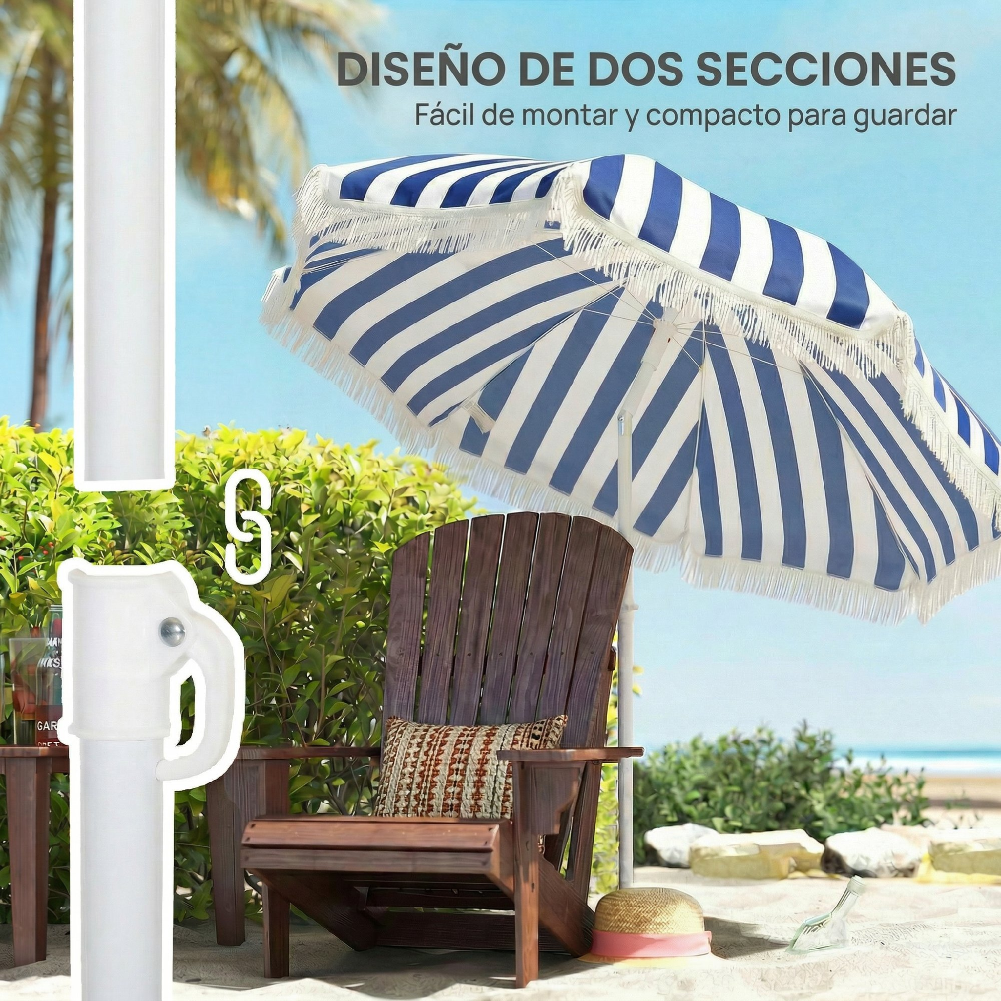 Silla de playa con sombrilla, palmera, mar y arena.