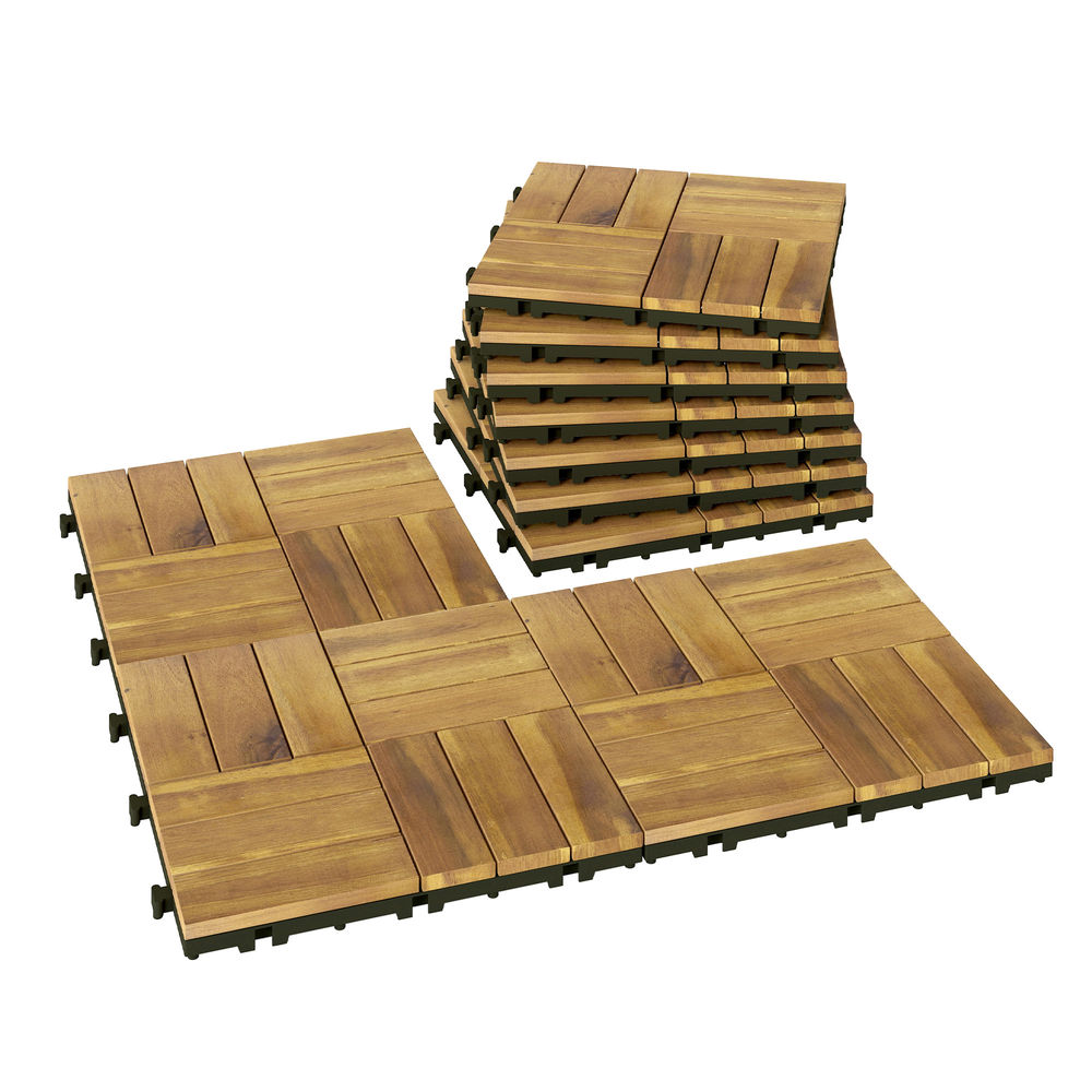 Baldosas de madera con conectores negros, algunas apiladas, otras extendidas.