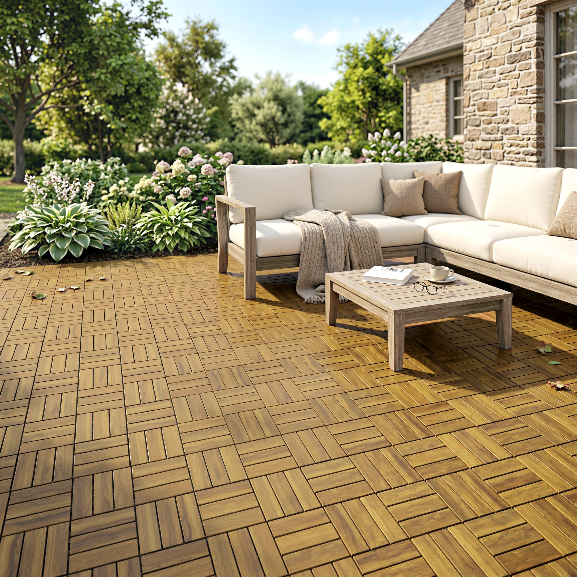 Un sofá seccional con cojines color crema y mantas sobre una terraza de madera.
