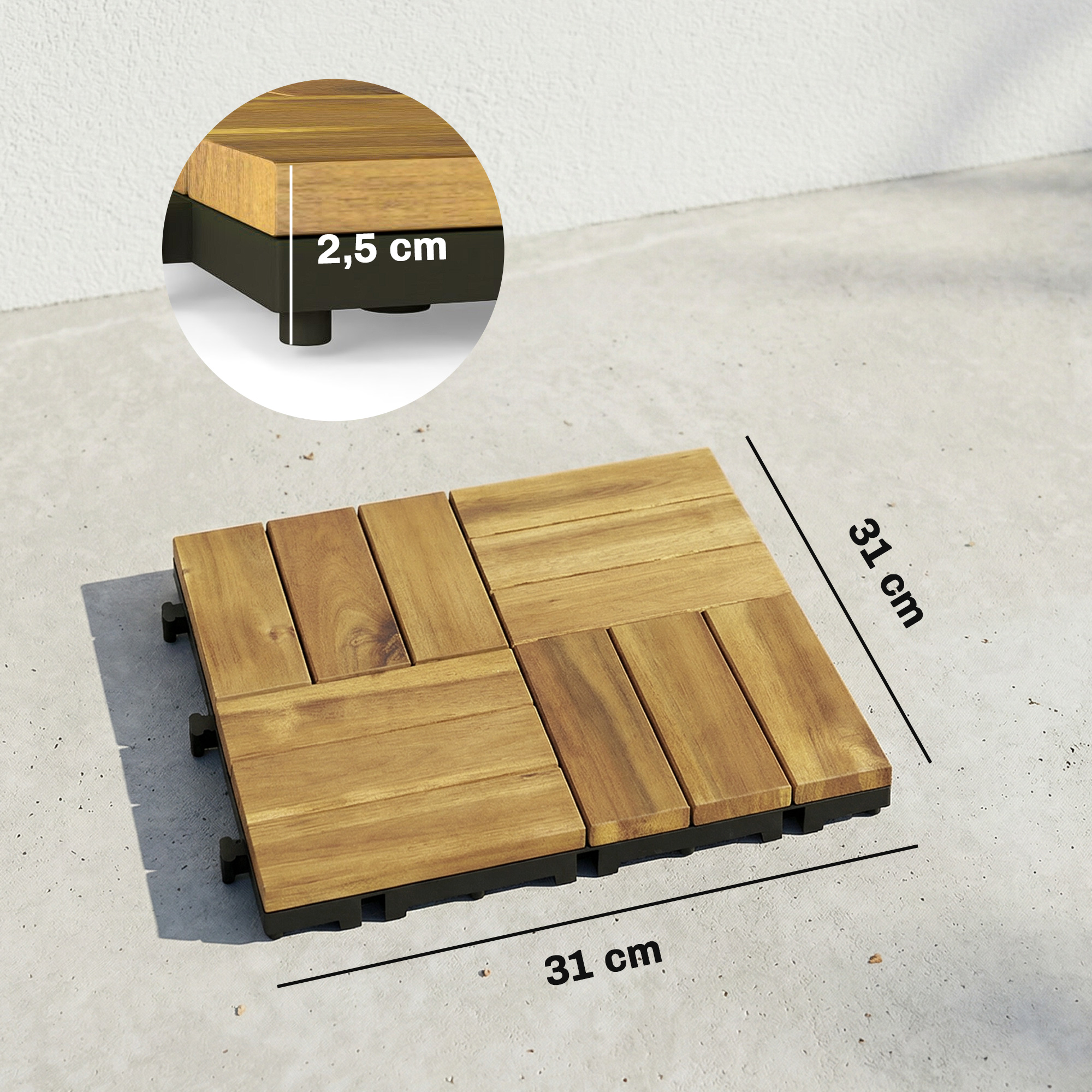 Juego de baldosas de madera sobre hormigón, 31x31 cm, grosor 2,5 cm.