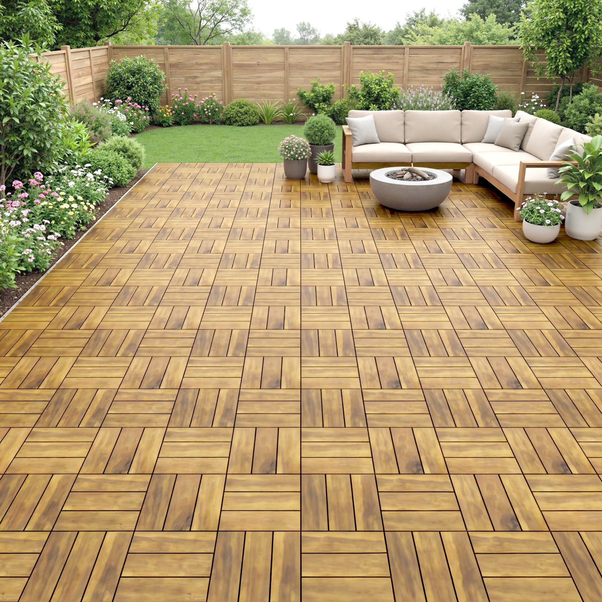 Terraza de madera con muebles de salón, hoguera y jardín.