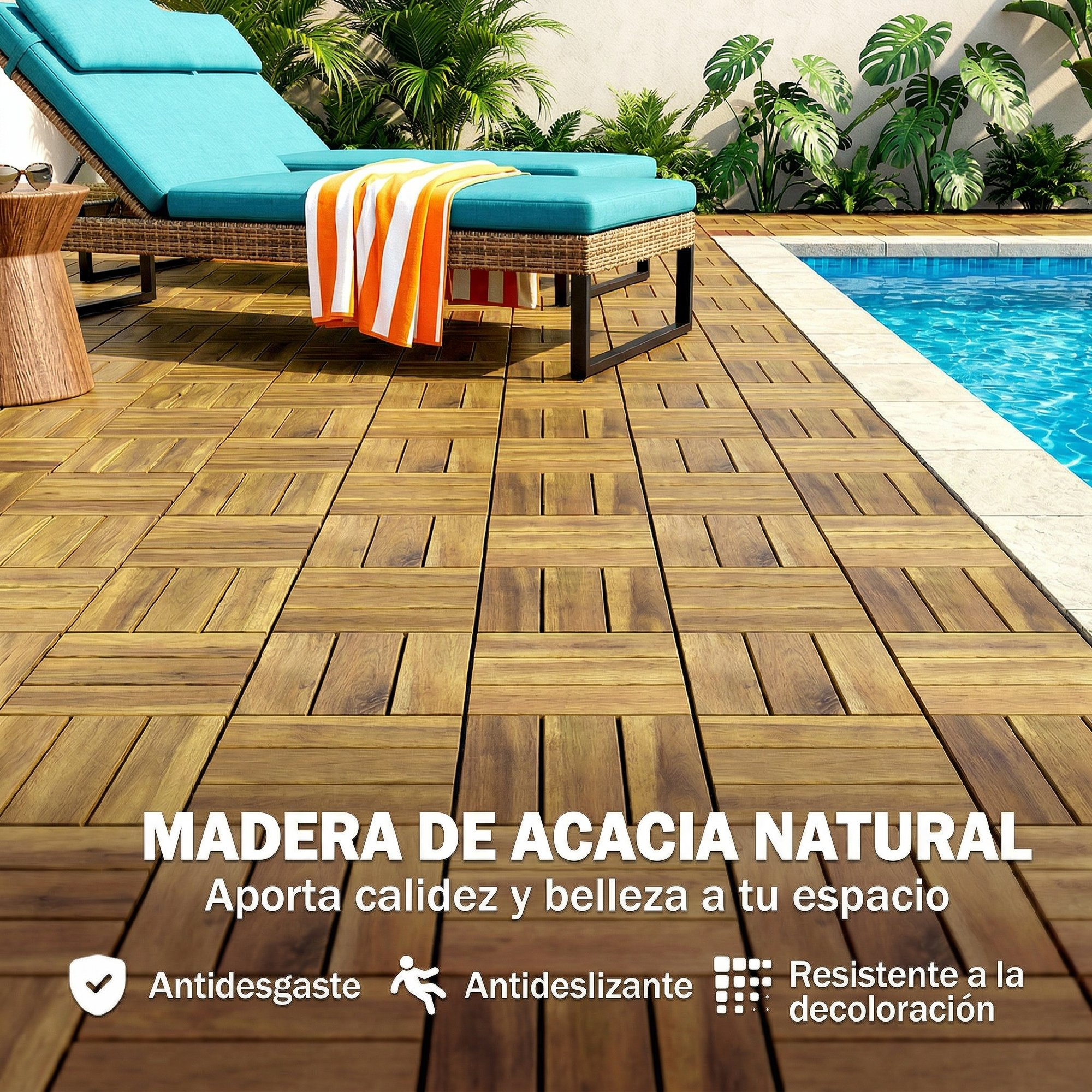 Terraza de madera junto a piscina con tumbona y toalla.