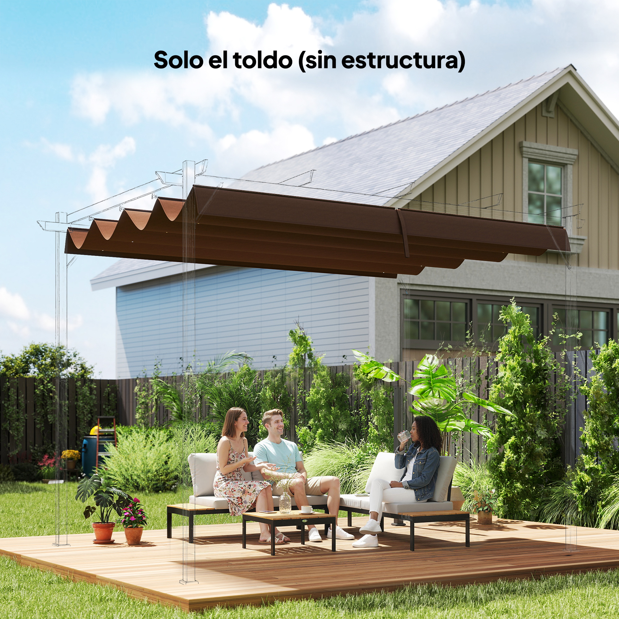 Tres personas sentadas en una terraza de madera frente a una casa bajo un toldo marrón.