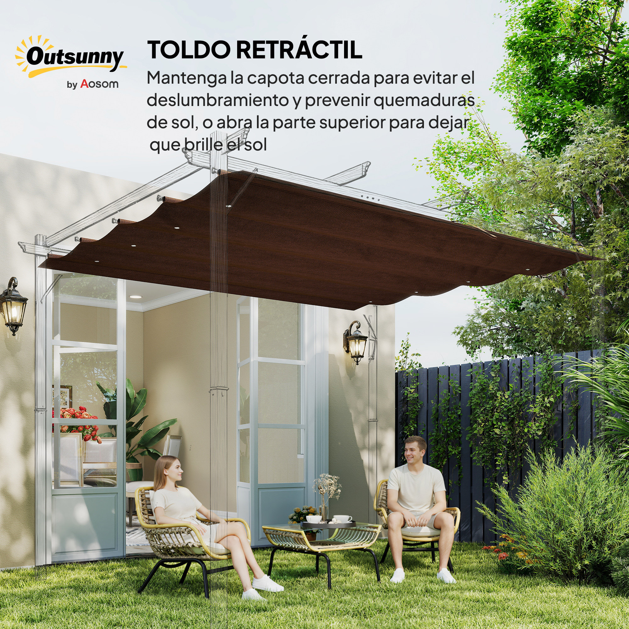 Una pareja se sienta en el jardín bajo un toldo retráctil marrón.